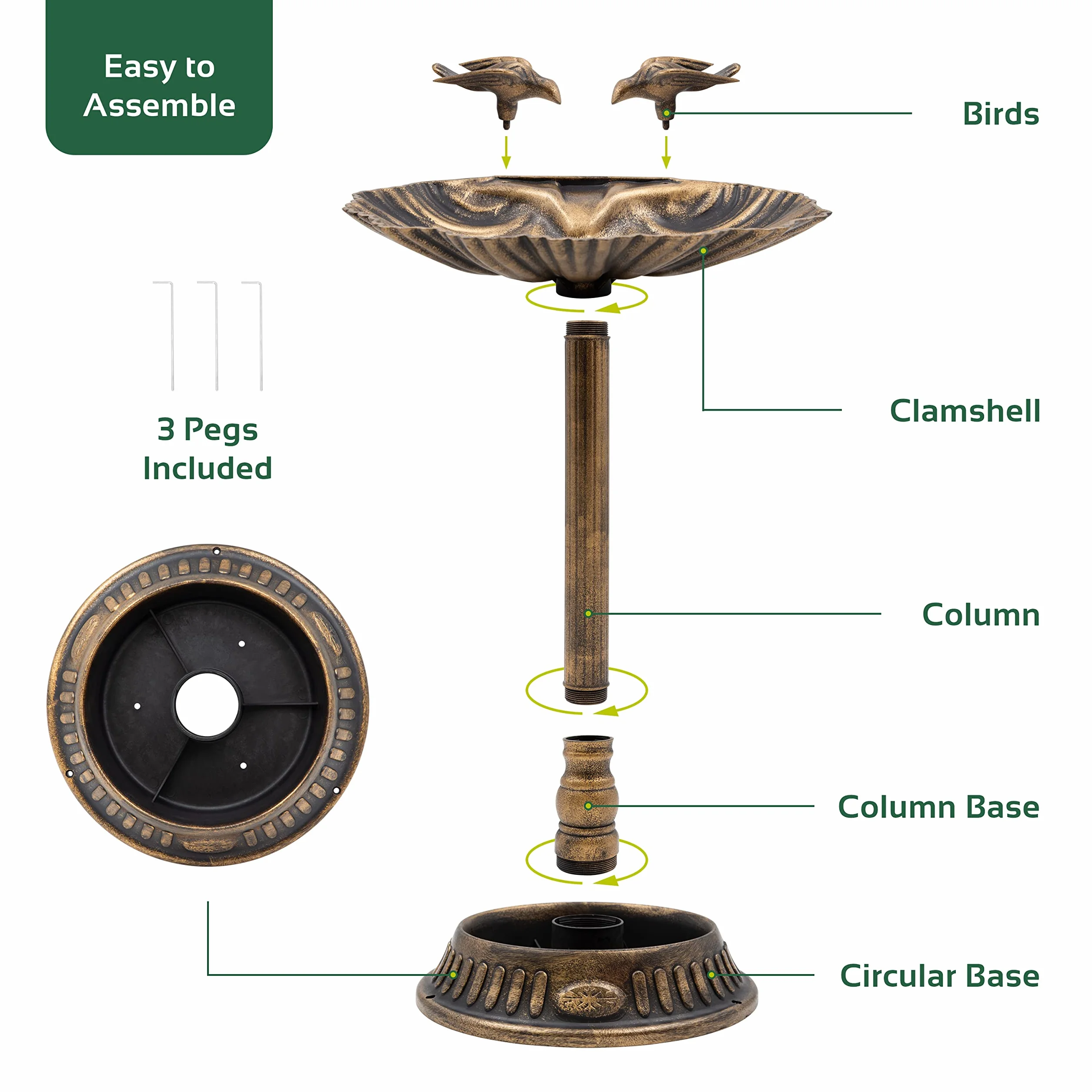 Gardenkraft Bain pour Oiseaux Coquille de palourde avec Base jardinière Bronze