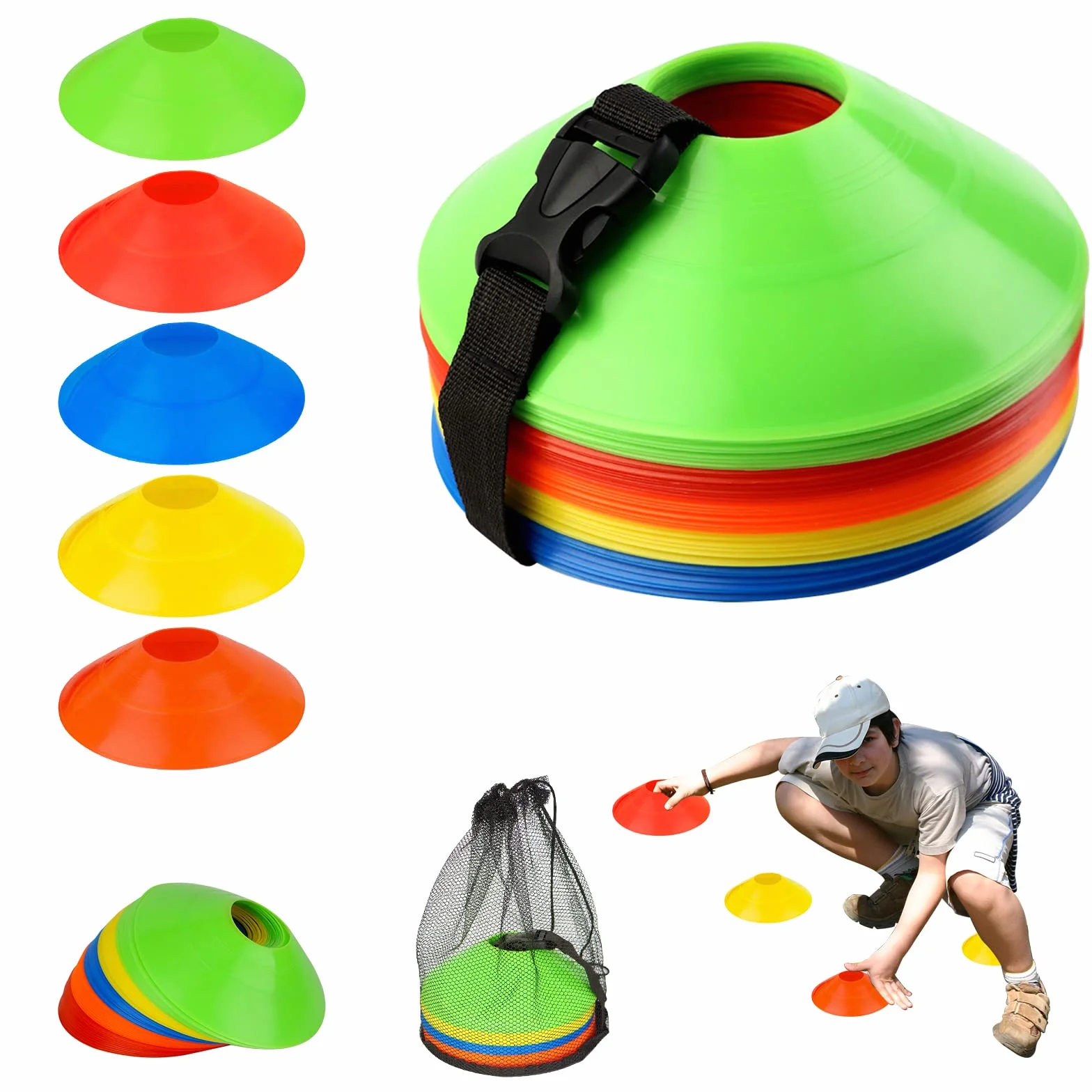 Plots De Marquage pour Football Cône Lot 50 Pcs Cônes Disque Entraînement avec Sangle Fixe Poche Filet 5 Couleurs