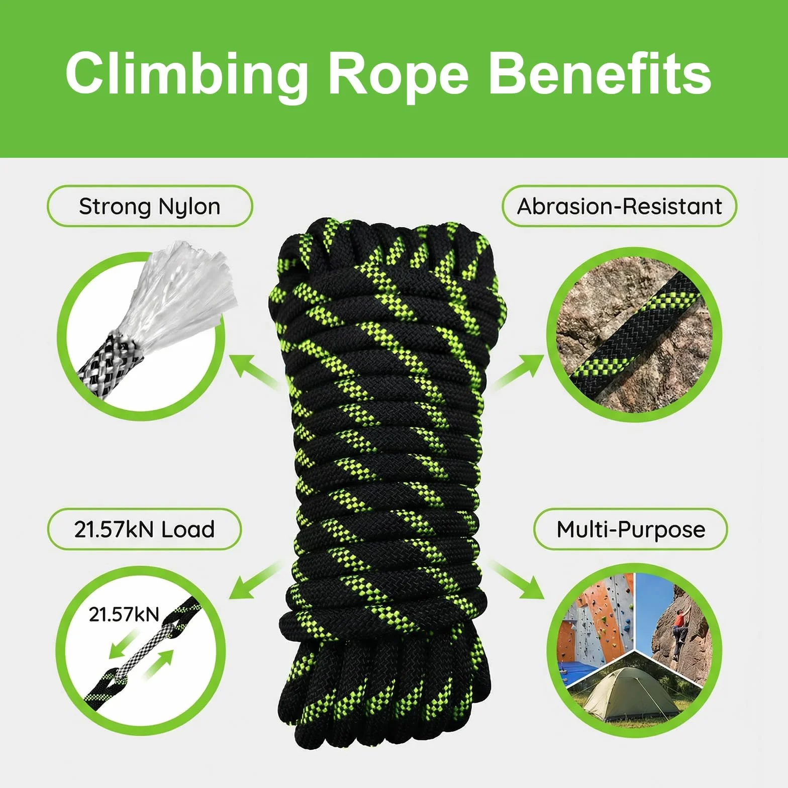 Corde Statique 10mm 10m Sauvetage Hauteur Alpinisme Camping Grande Capacité Charge