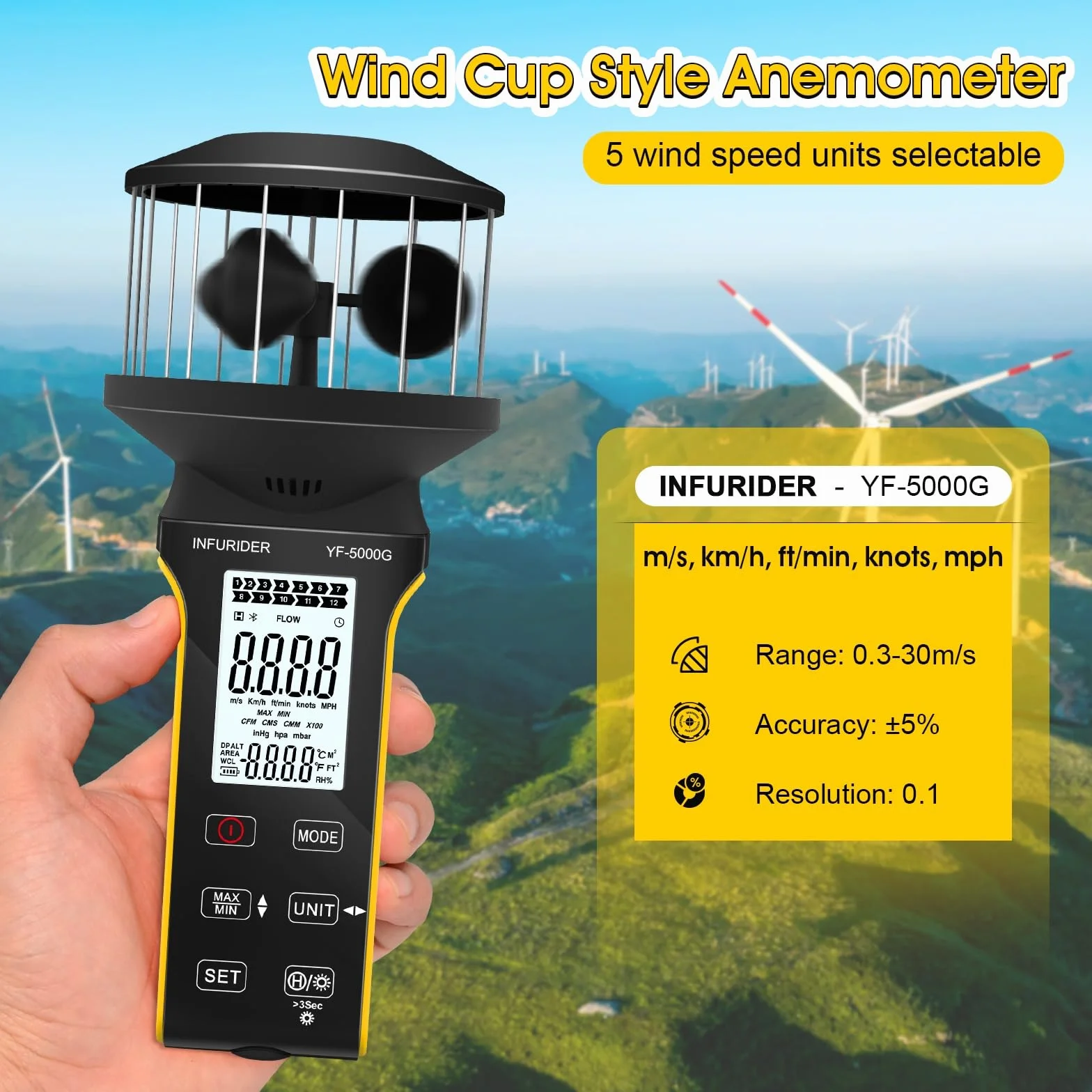 Anémomètre numérique à coupelle portable CFM avec bouton tactile anti-poussière rechargeable