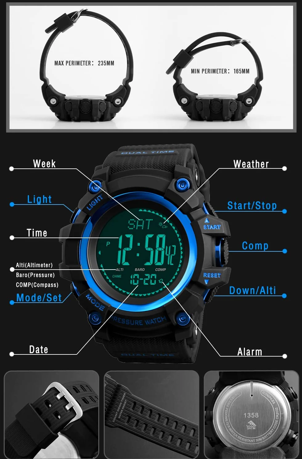Montre Sport LED Plastique Caoutchouc Multifonctionnelle Boussole Podomètre Altimètre Baromètre Thermomètre