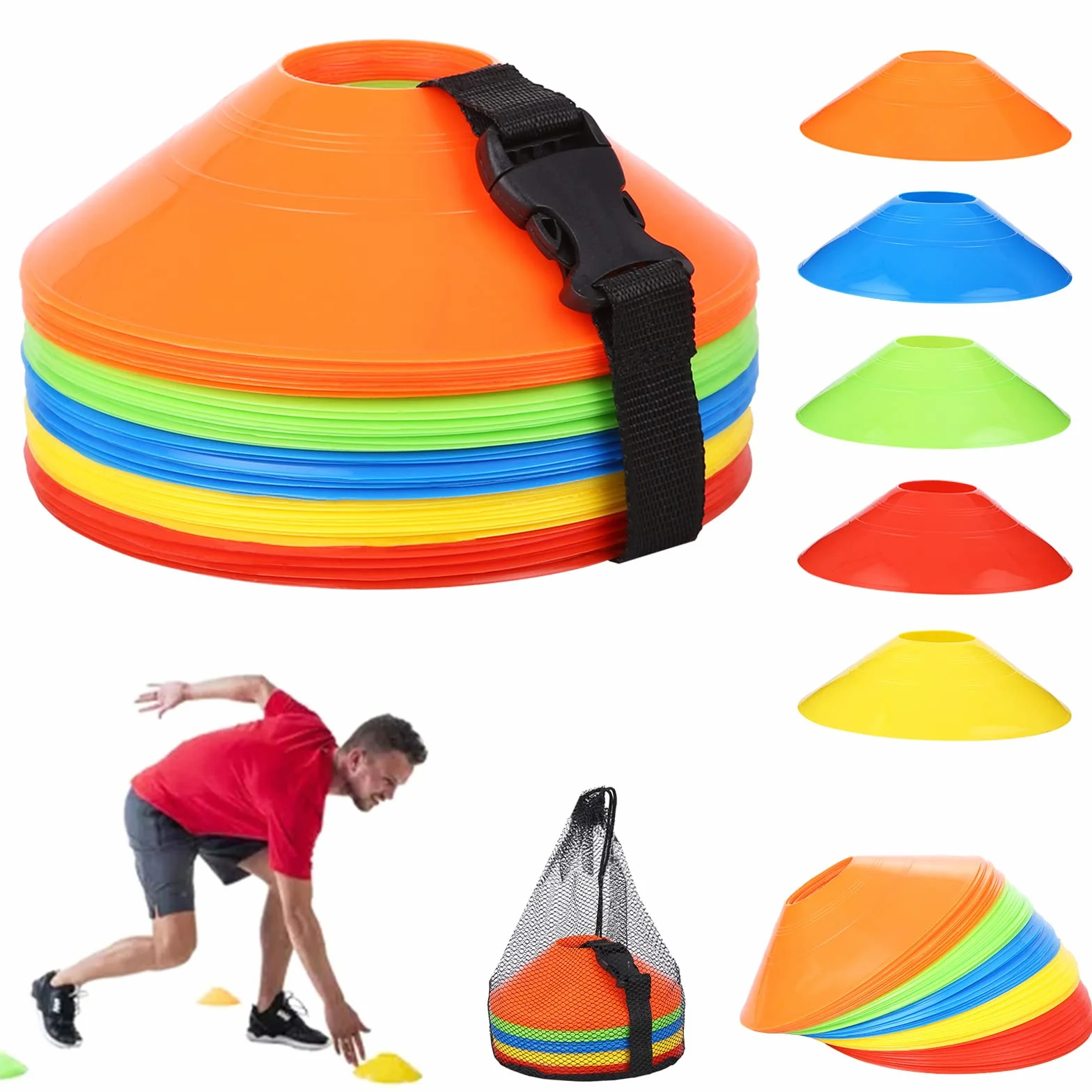 Plots Entrainement Football Cône Marquage 50 Pcs avec Sangle Boucle Fixe Poche Filet 5 Couleurs