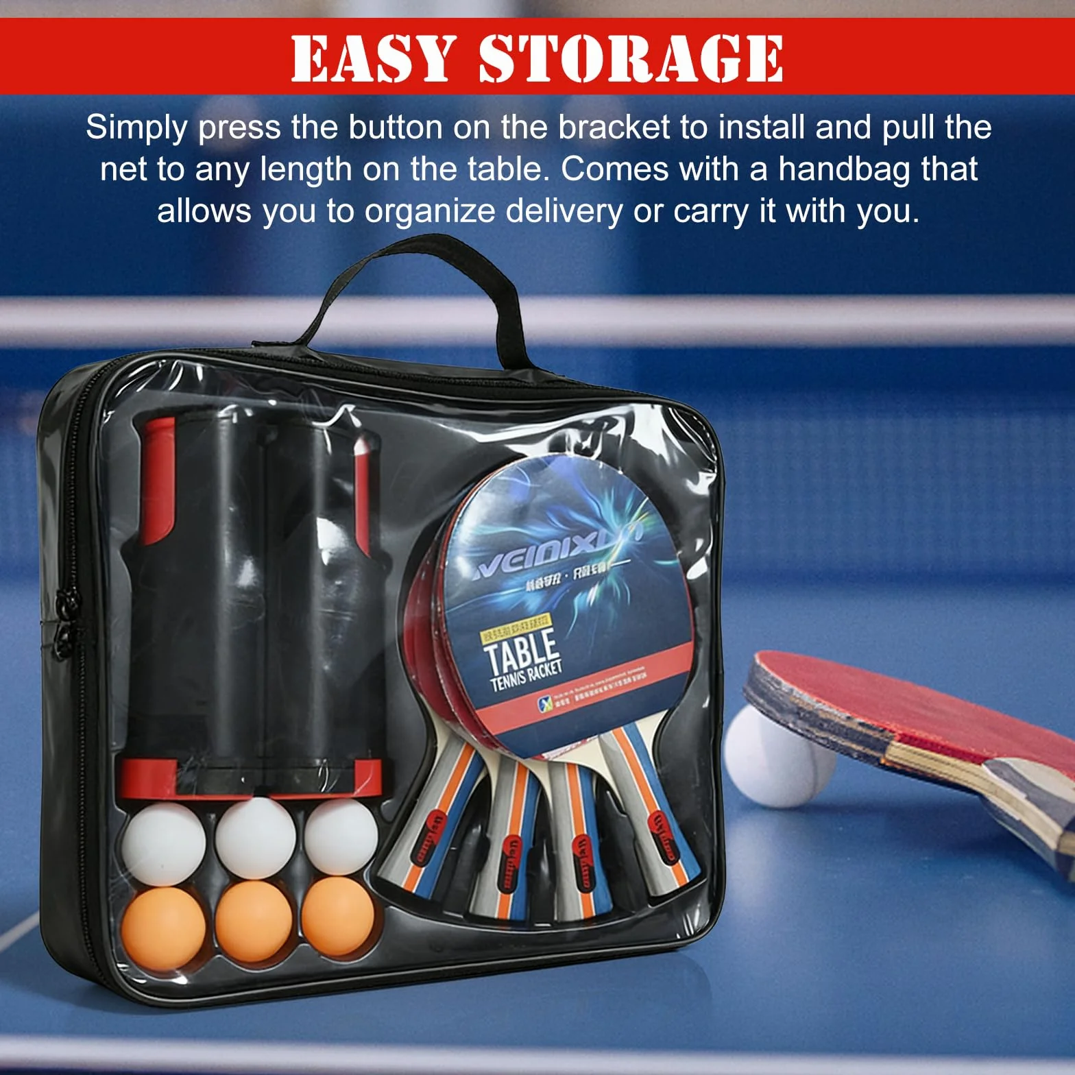 Set de Tennis de Table 4 Raquettes + 1 Filet Rétractable + 10 Balles + Sac de Transport Ping-Pong