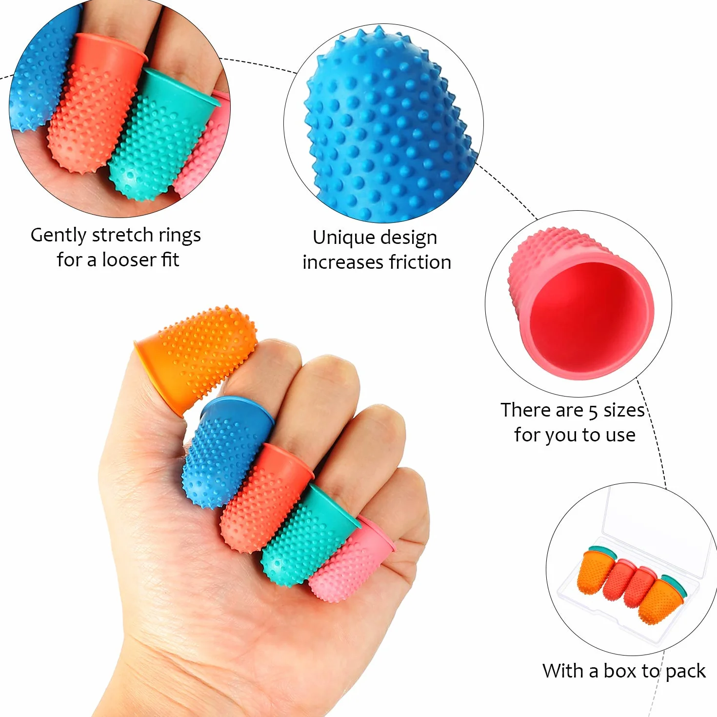 10 Doigtiers en Caoutchouc Coussins de Doigts Silicone Protecteur réutilisable Épais avec Boîte 5 Tailles et Couleurs