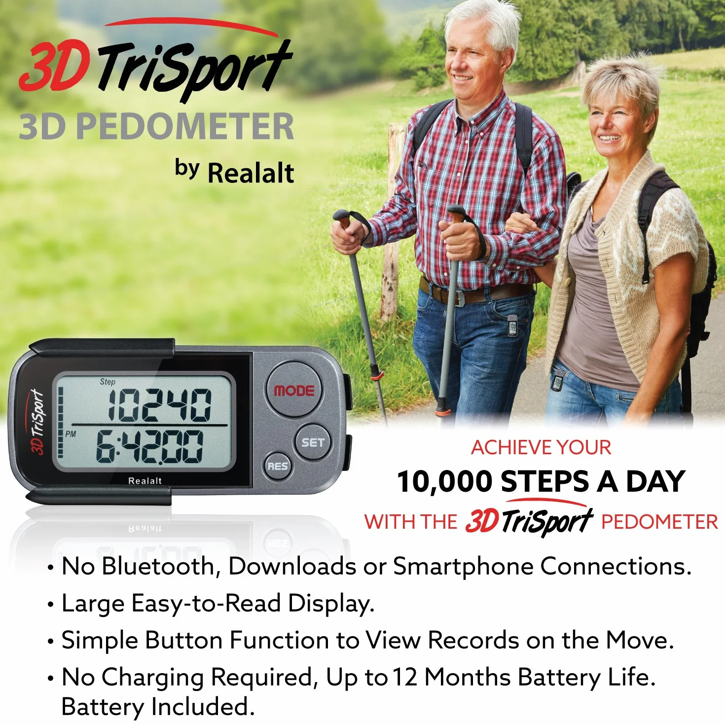 Realalt 3DTriSport 3D Pedometer, Accurate Step Counter with Clip and Strap