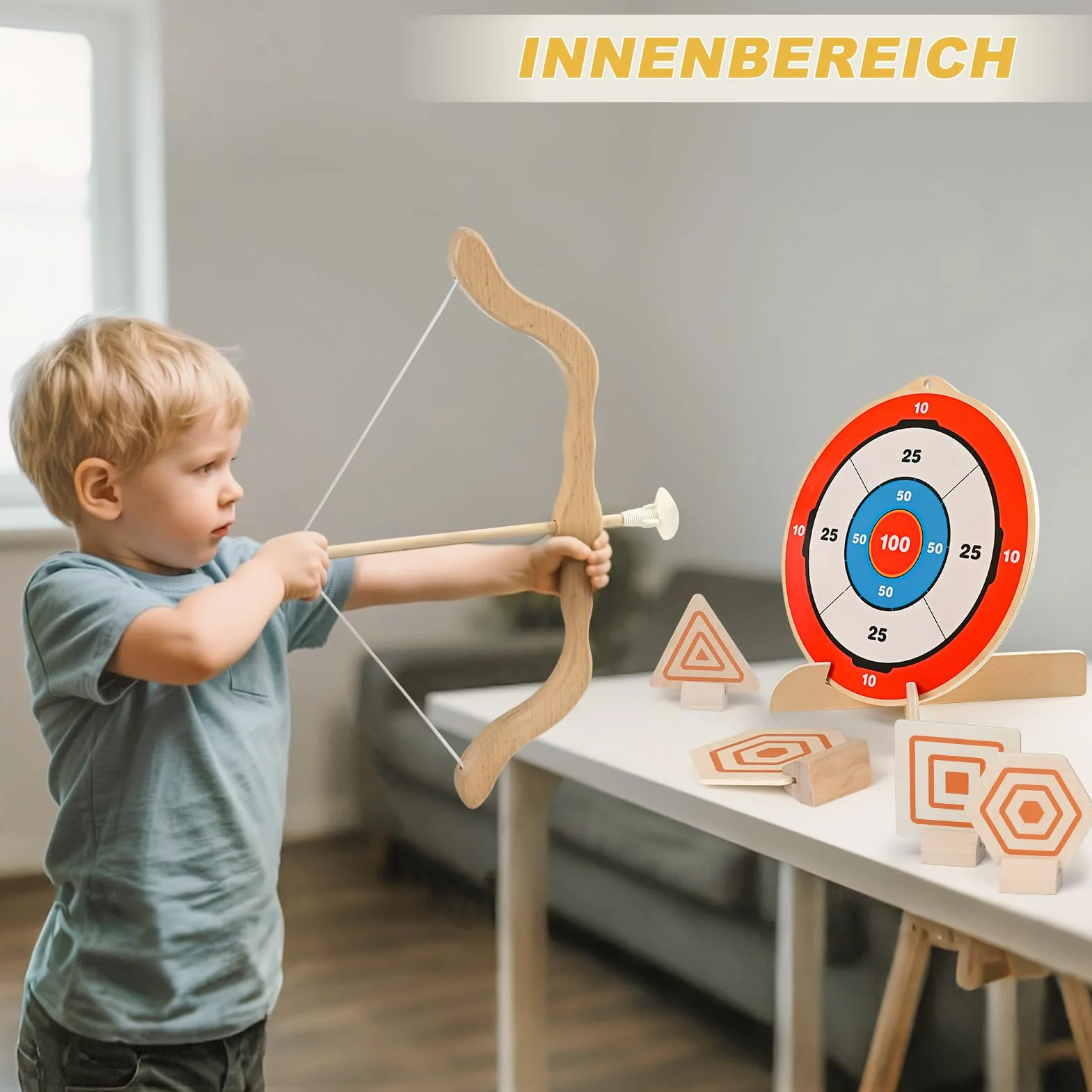 Ensemble d'arc et flèches pour Enfants en Bois, Jouet de tir à l'arc avec 6 flèches à Ventouse, Cible et Carquois