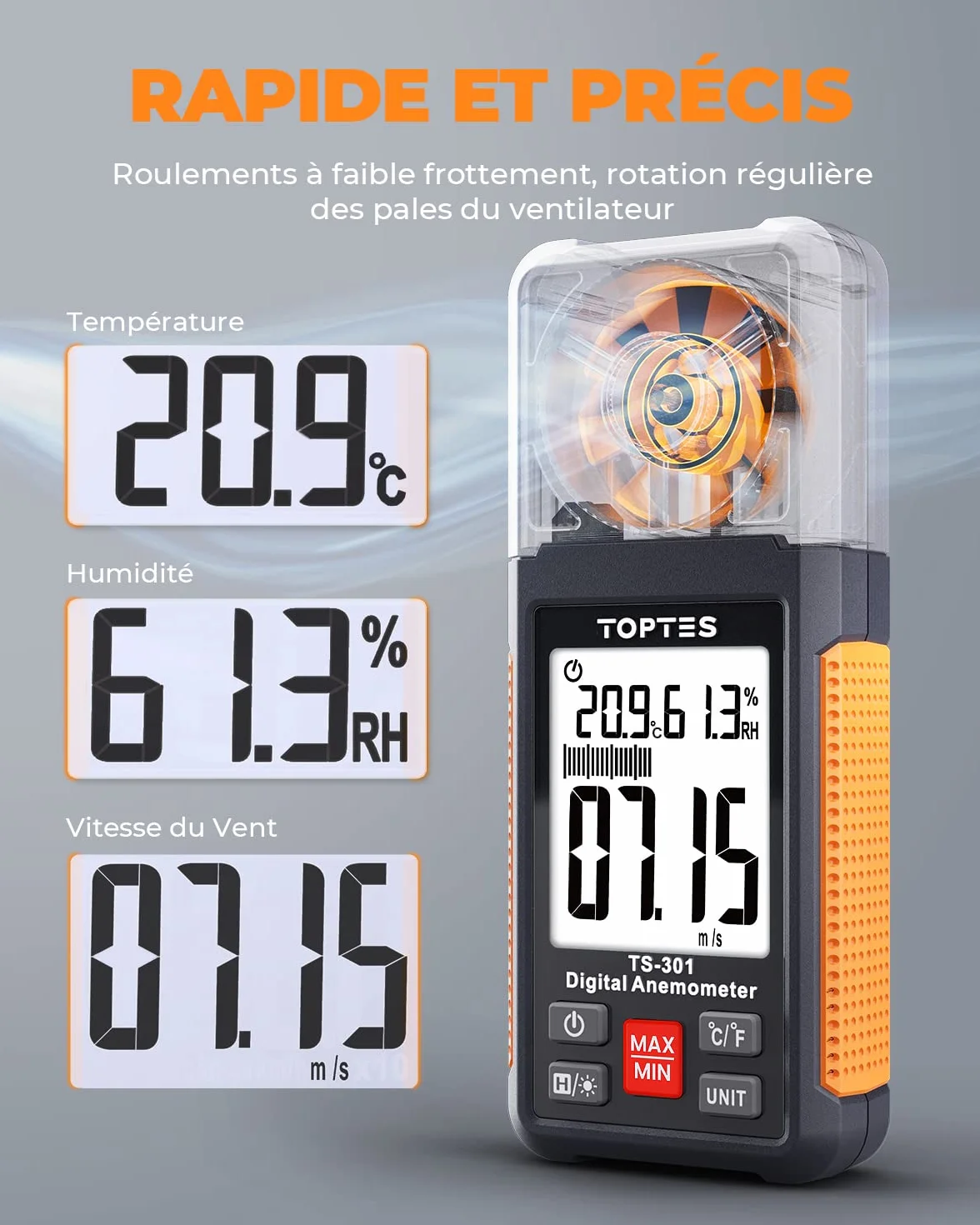 TopTes TS-301 Anémomètre numérique avec écran LCD 2,26 pouces, Débitmètre d'air pour HVAC