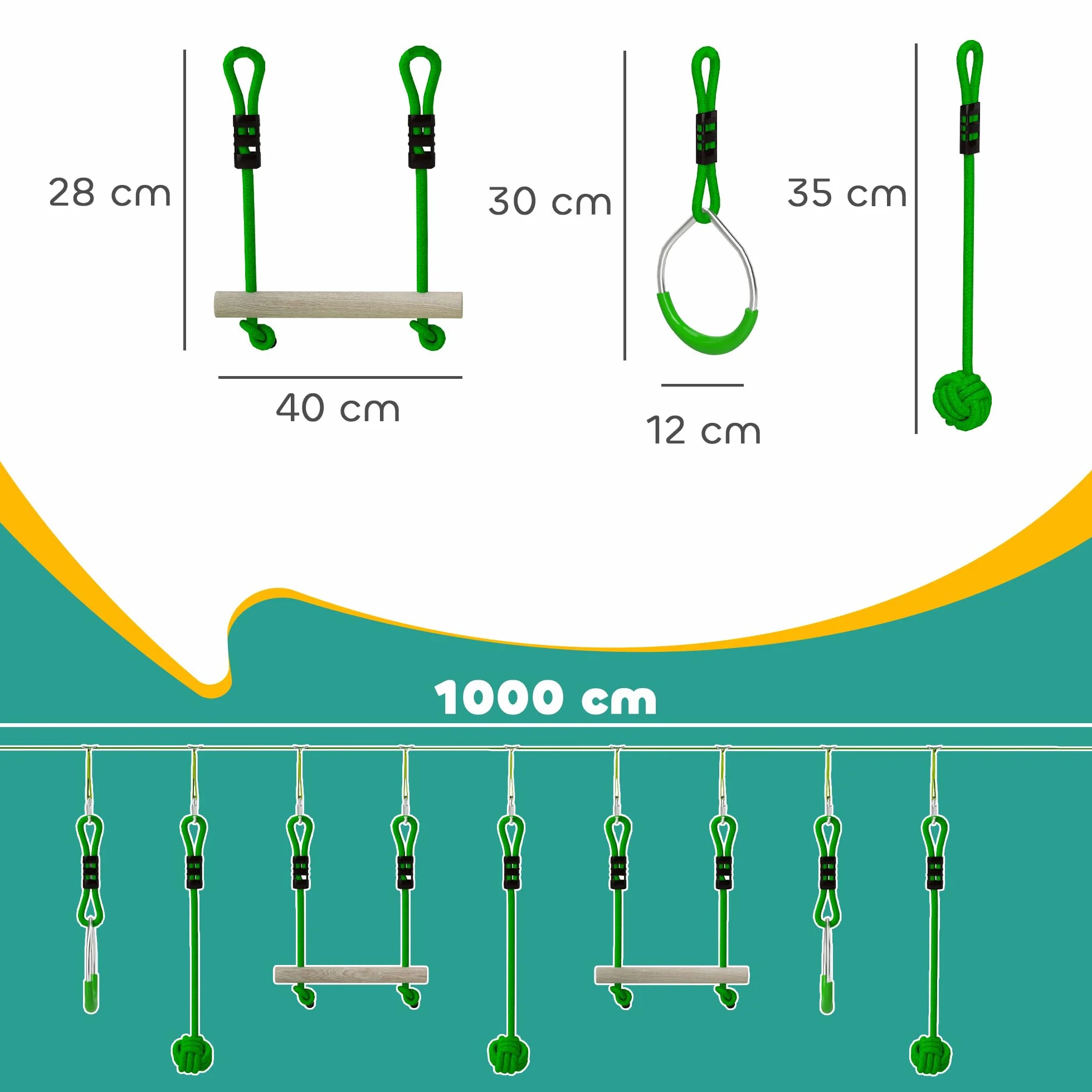 AIYAPLAY Parcours d'obstacles Ninja pour Enfants 10 m 50 kg Slackline Sac de Transport Bois de Sapin PP Vert