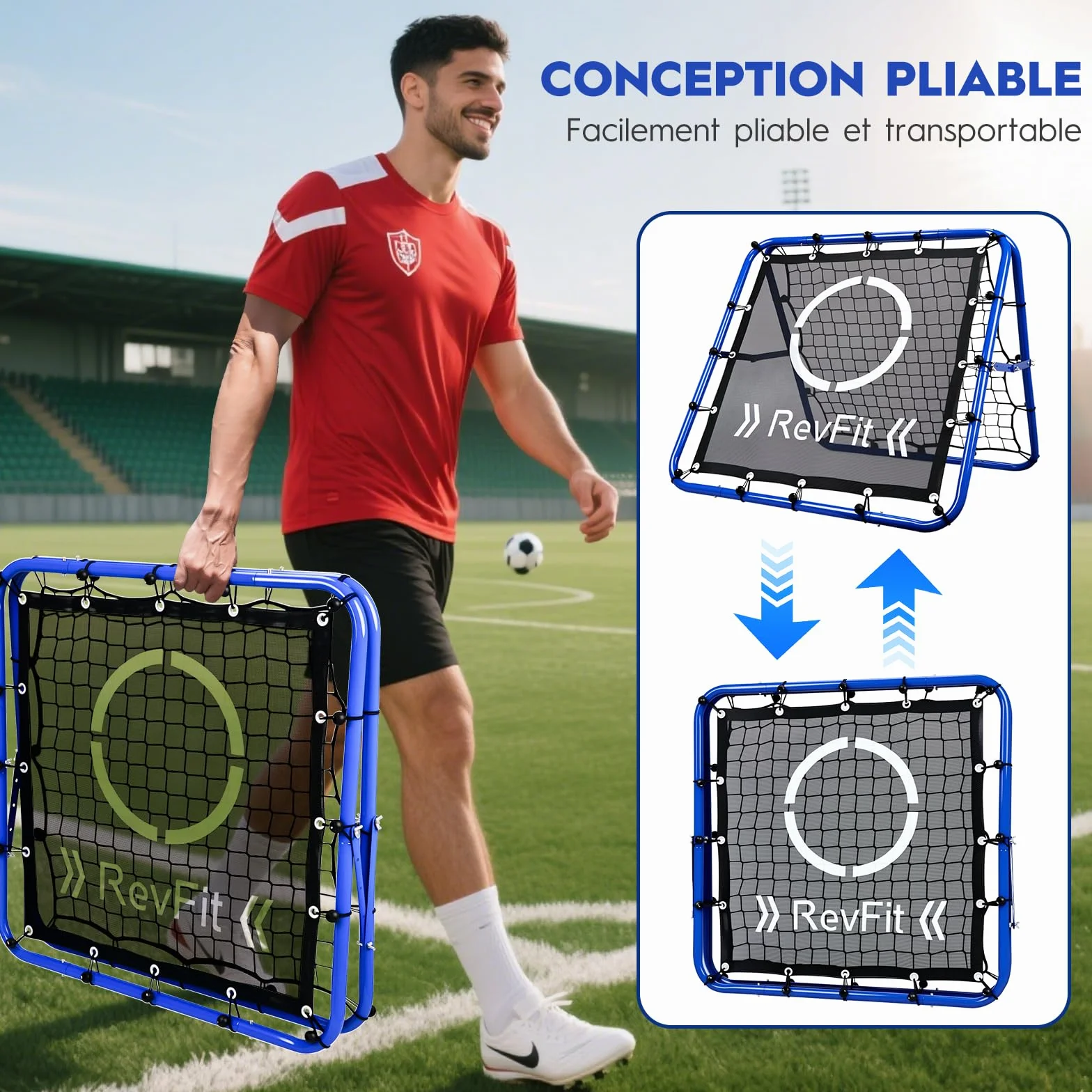 Filet de rebond football réglable double face avec cible acier robuste 80/100/120 cm