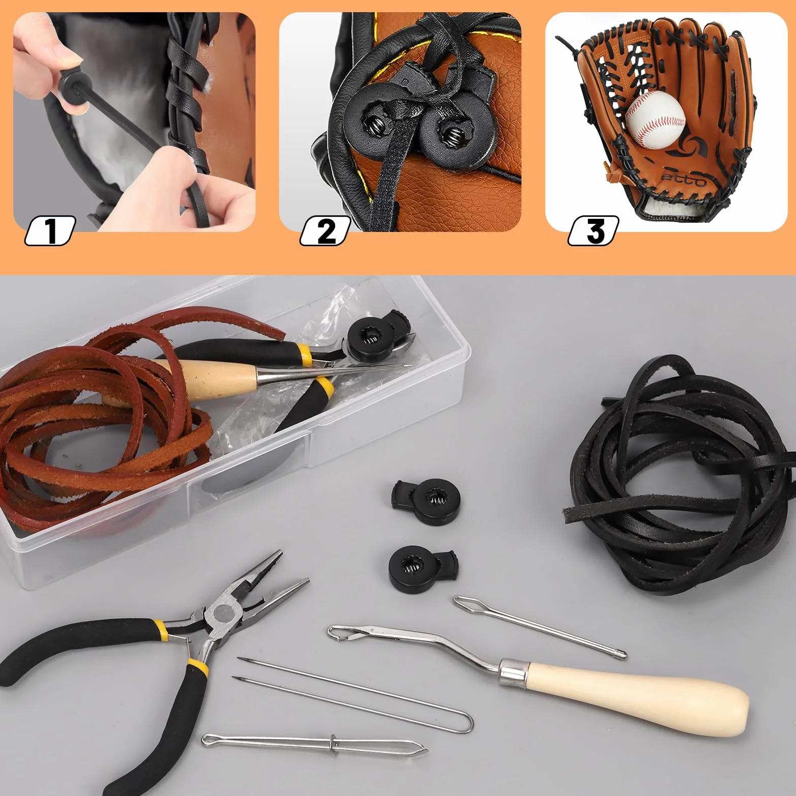 Kit d'entretien de gants de baseball 13 pièces, bandes en cuir, enfile-cordon de serrage, serrures