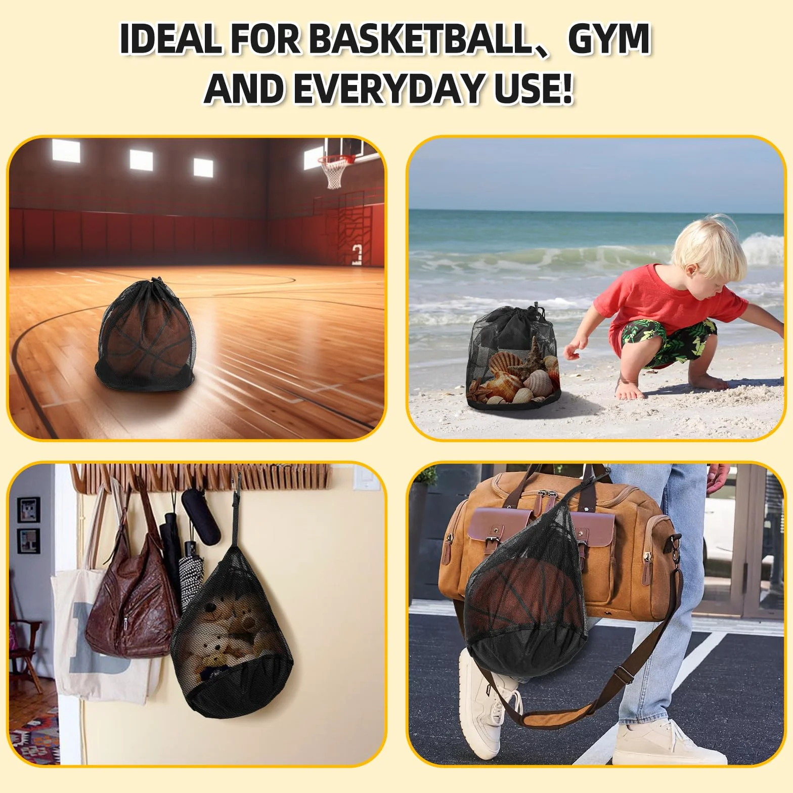 Sacs Basketball 16L - Sac Ballon de Basket - Filet Pliable avec Poche Zippée et Mousqueton - Sac de Transport pour Basketball, Football