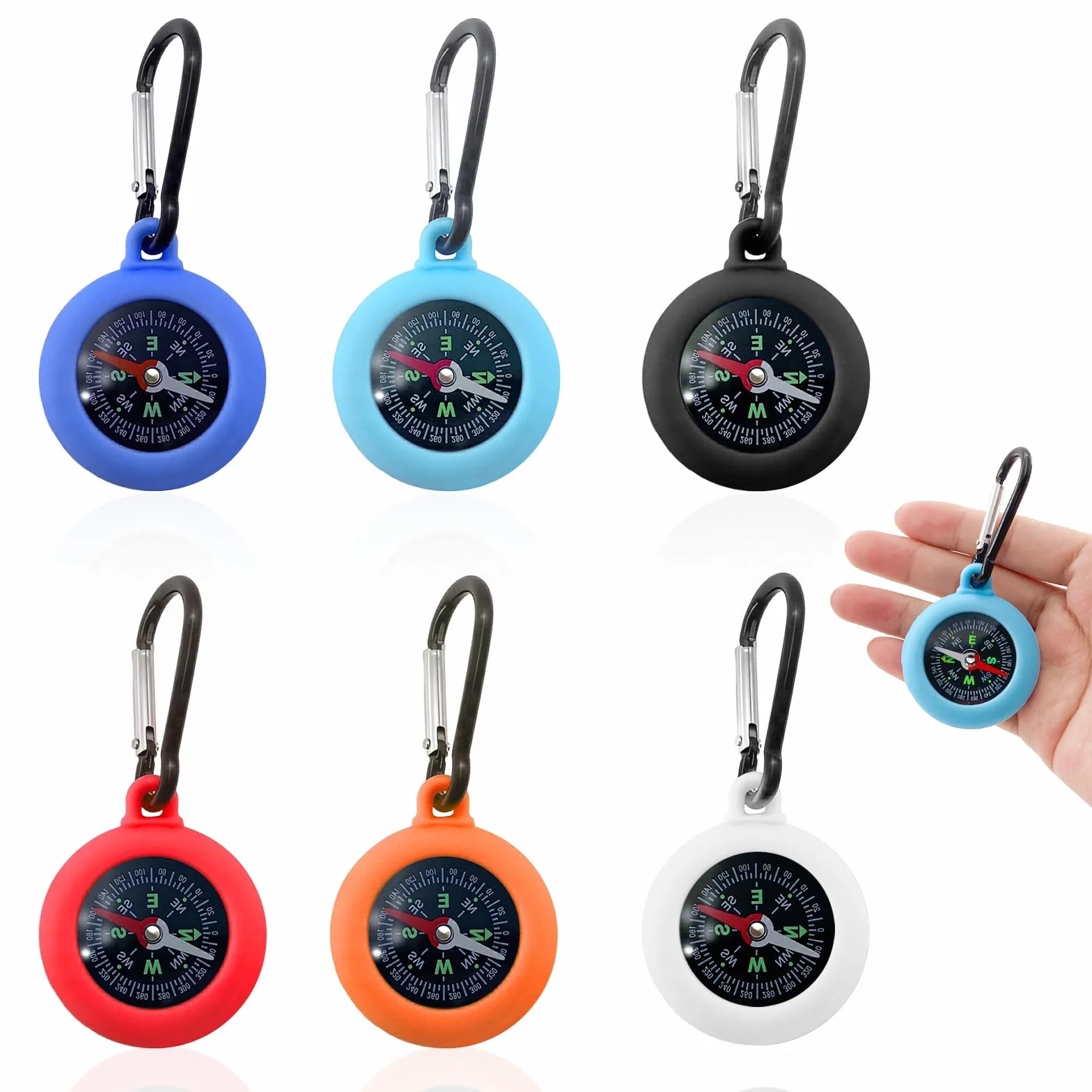 Boussole 2 en 1 avec Mousqueton 6 Pièces, Mini Boussole de Camping Multicolore pour Randonnée Enfants, Porte-Clés Étanche