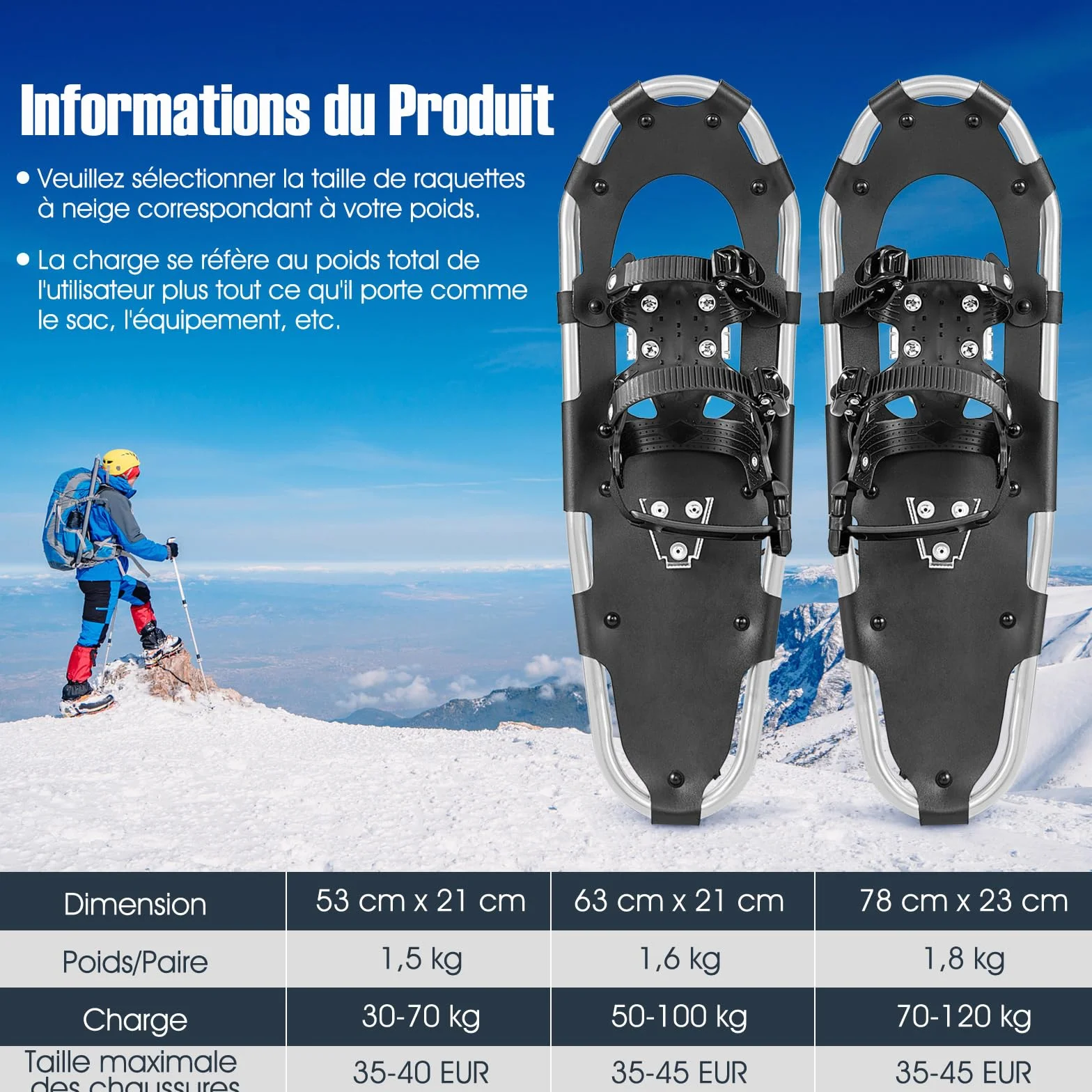 GOPLUS Raquettes de Neige 21'' 25'' 30'' Femmes Hommes Bâtons de Randonnée Antidérapants Réglables Alliage d'Aluminium Sac de Transport Imperméable Argenté
