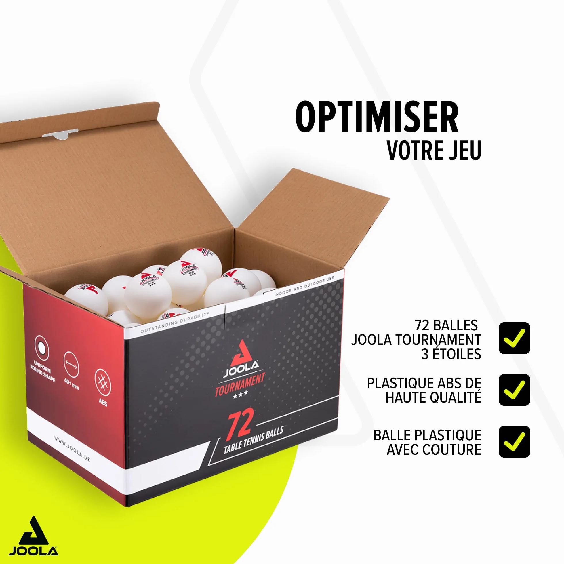 JOOLA Balles de tennis de table Tournament 40+ mm 3 étoiles Premium Paquet de 72 Blanc