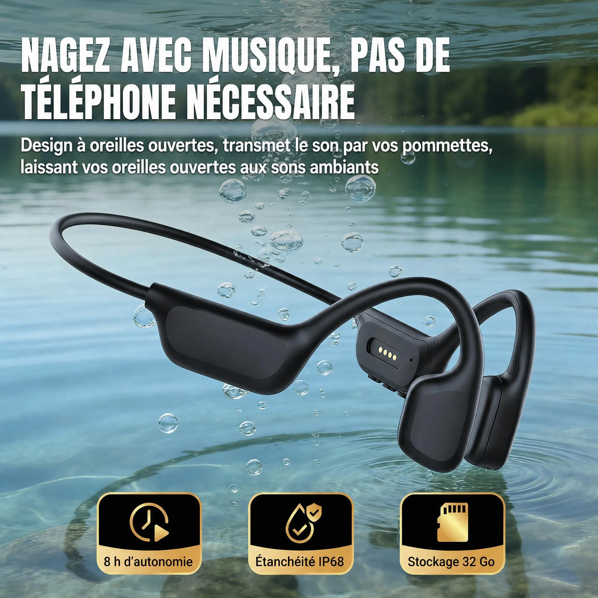 Écouteurs Natation Bluetooth 6.0 IPX8 Sans Fil MP3 32 Go Mémoire Intégrée 8 Heures Jeu Sportif Noir