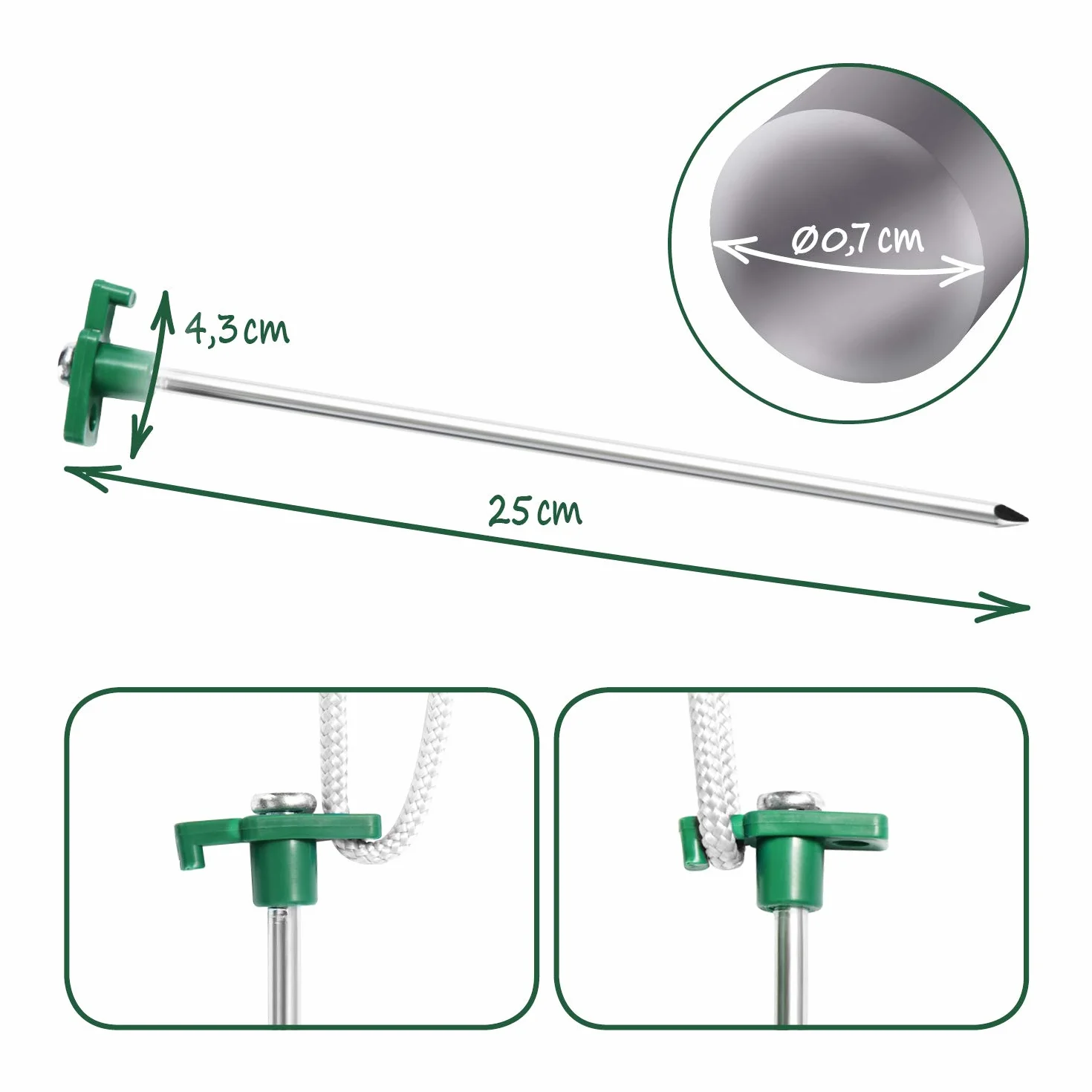 Piquets de Tente en Acier 250x7mm pour Camping - Lot de 16