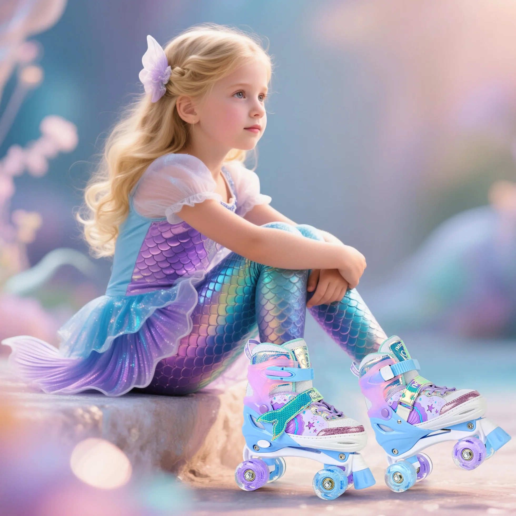 Nemone Sirènes Patins à roulettes Filles Réglable 4 Roues pour Enfants et Débutants Cadeau Noël Anniversaire