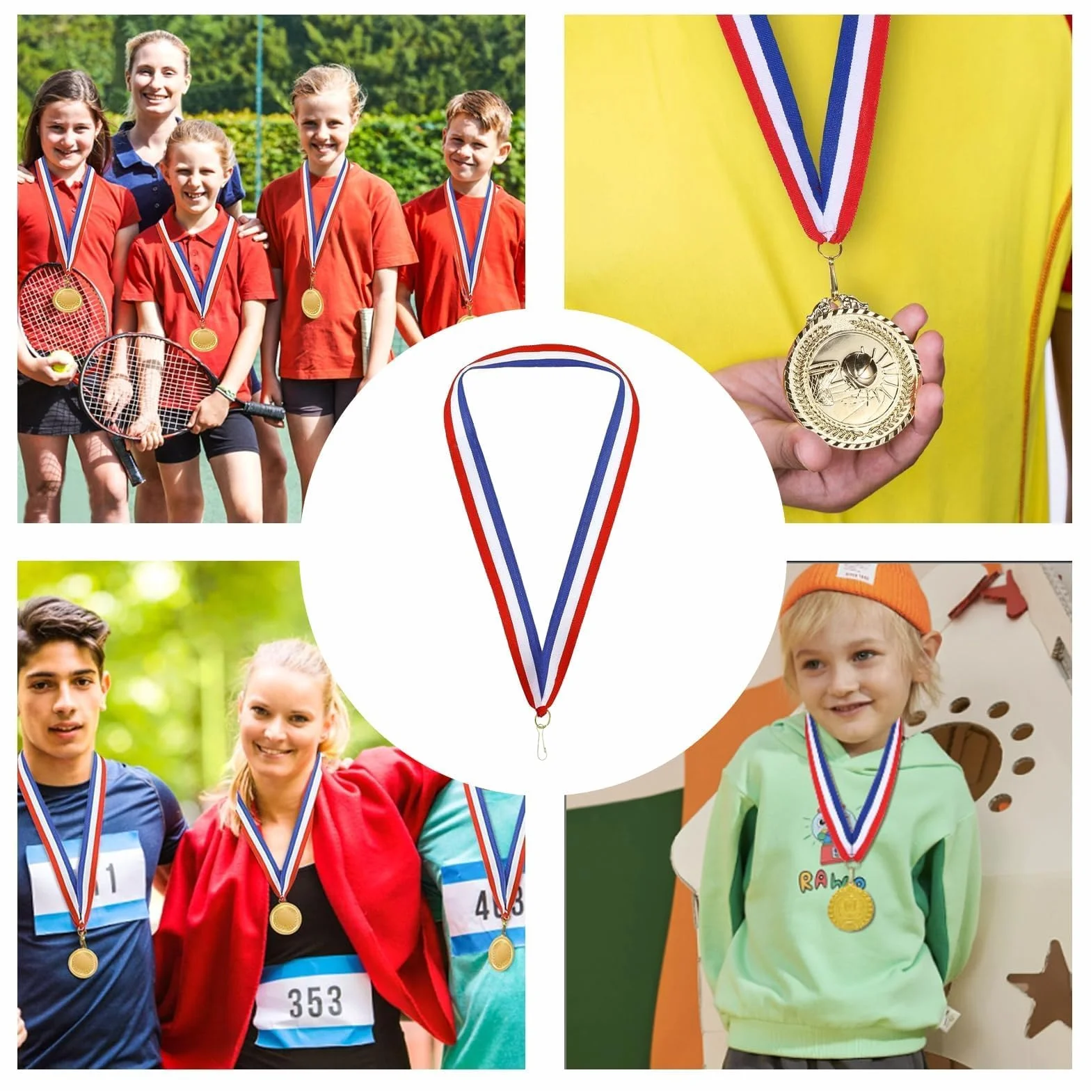 Lot de 12 Rubans de Médailles Bleu Blanc Rouge avec Clips pour Événements Sportifs