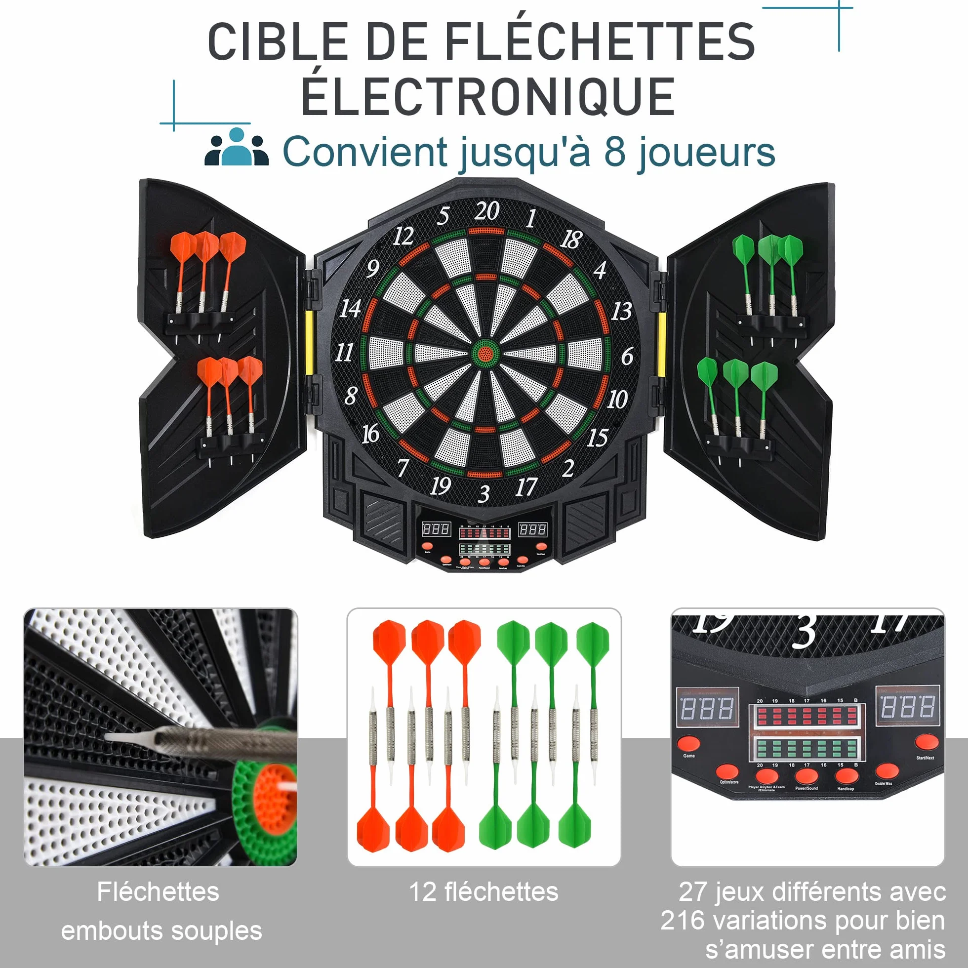HOMCOM Jeu de fléchettes électronique 27 Jeux 8 Joueurs LED Noir