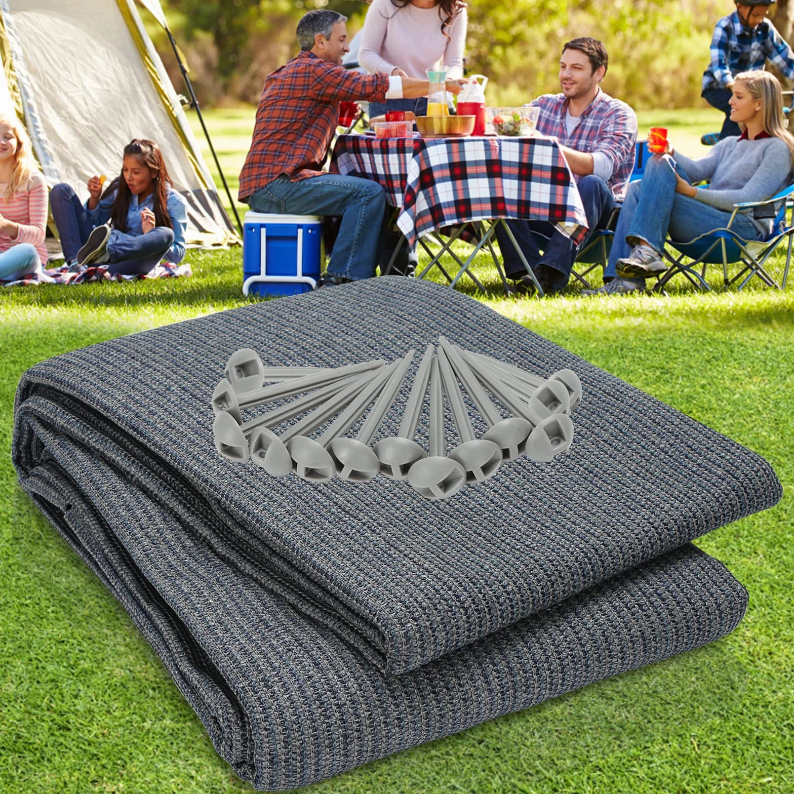 Sonnewelt Tapis de sol auvent polyéthylène haute densité 13 sardines sac transport lavable gris bleu