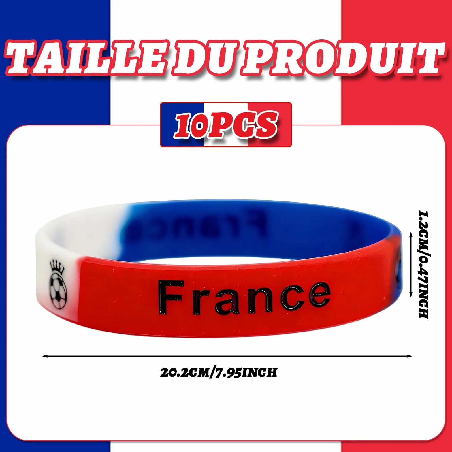 Bracelet France Lot 10 Silicone Élastique Bleu Blanc Rouge Supporter Fan Accessoire Football Rugby