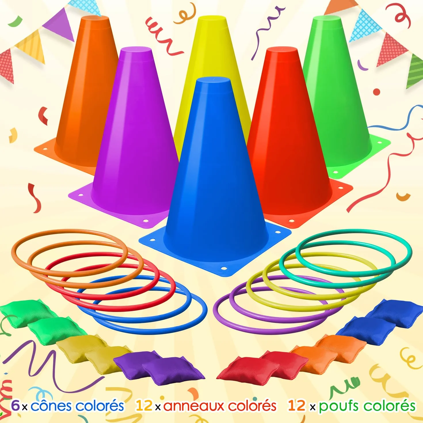 Ensemble de Jeux de Carnaval 3 en 1, Cônes en Plastique Souple, Sacs de Haricots, Jeux de Lancer d'Anneaux, Jeux de Plein Air pour Enfants