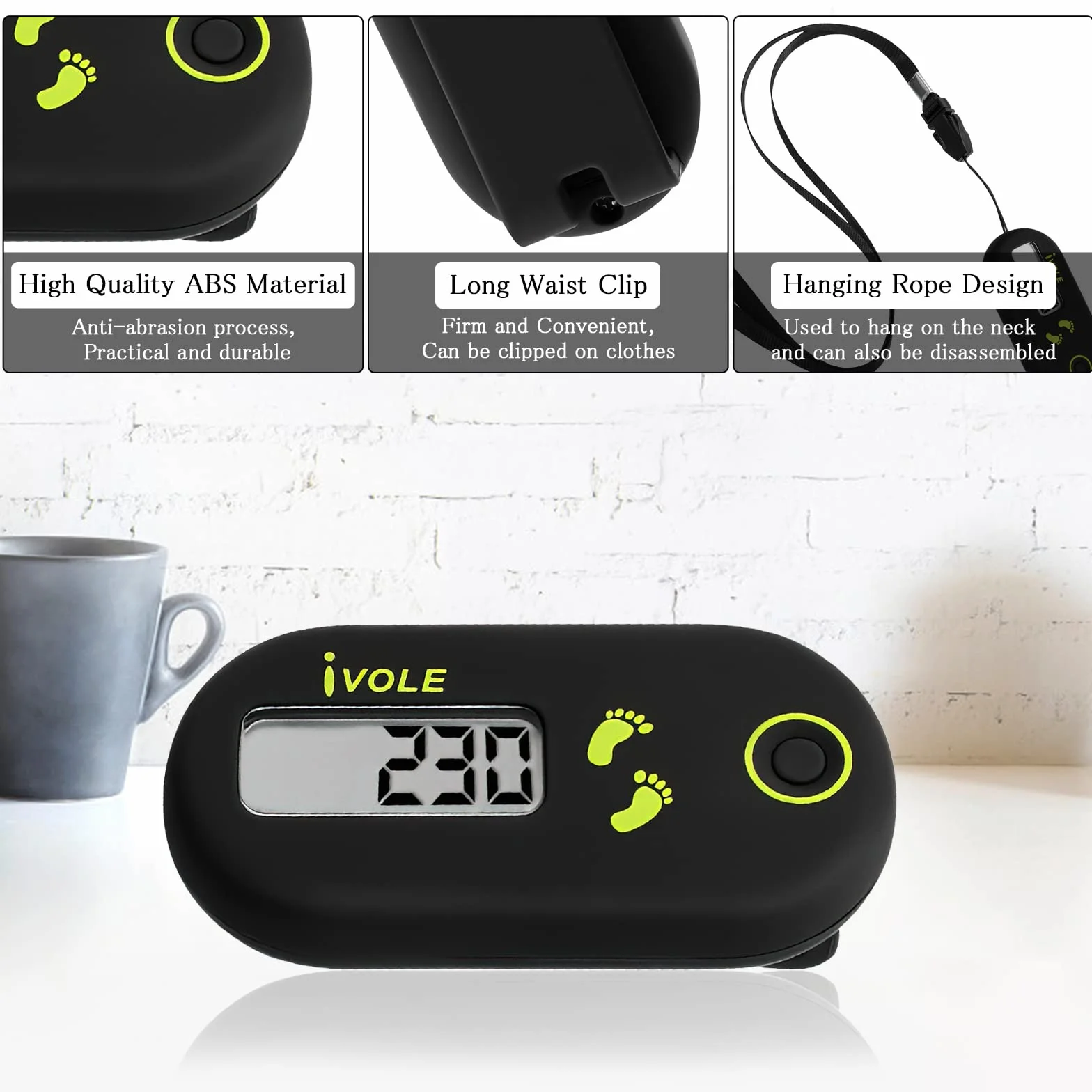 Podomètre 3D Avec Clip et Cordon de Cou - Capteur Précis Pas et Distance - Homme, Femme, Enfant