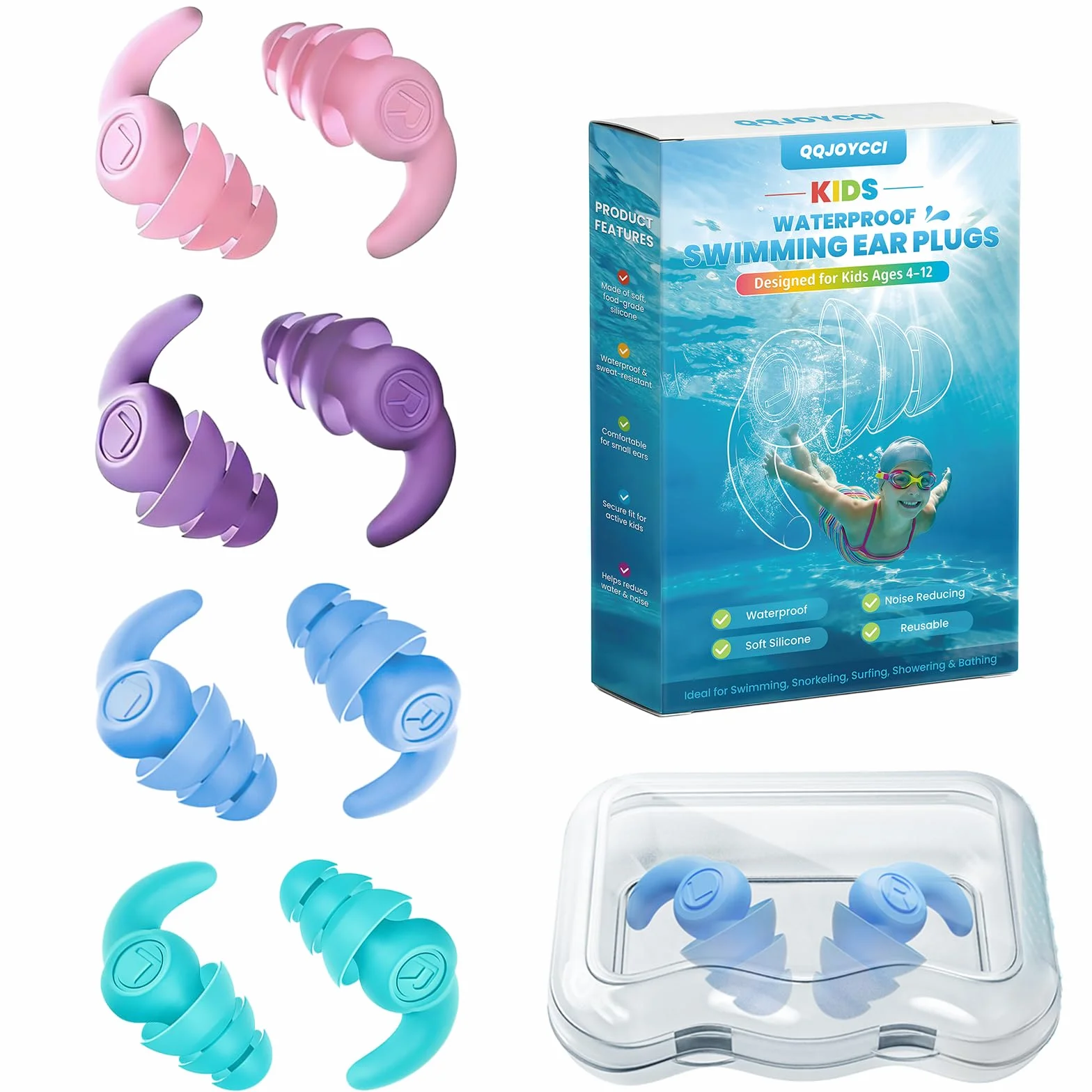 Bouchons d’Oreille Enfant Natation 4 Paires Étanches Silicone Réutilisable Protection Piscine Douche