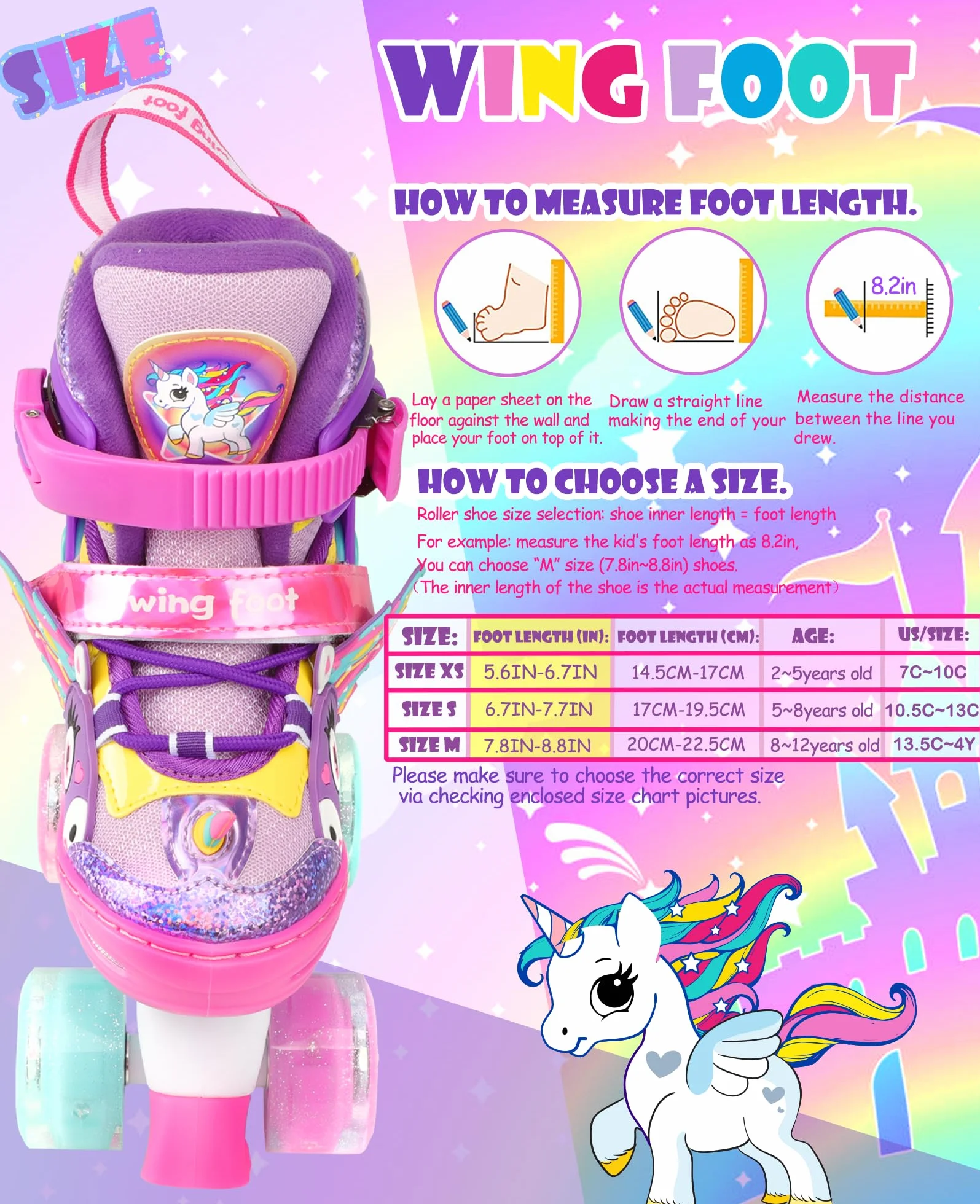 Licorne Roller Enfant Fille Patins à roulettes Ajustable avec Roues Allumées 4 Taille Réglable