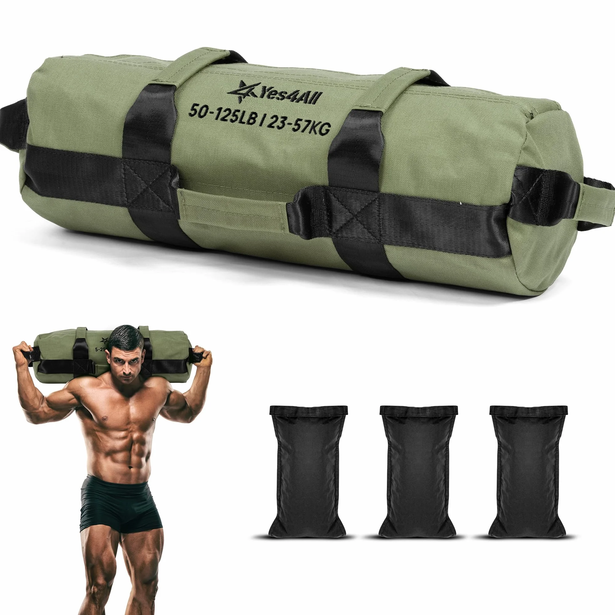 Yes4All Sac de Sable Réglable 7 poignées Power Bag Carolous 2-90 kg Non rempli pour Entraînement Fonctionnel Rucking Crossfit