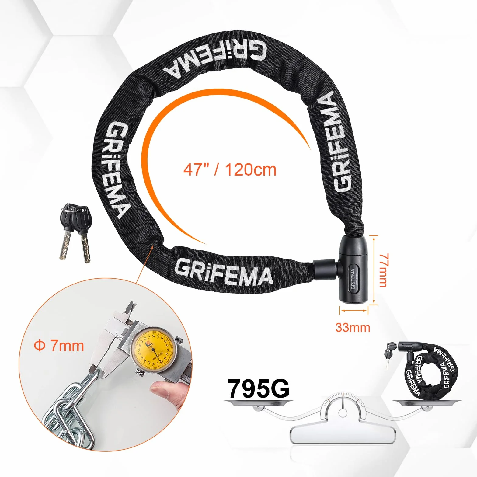 GRIFEMA GA1201-12 Chaîne Antivol Vélo 120 cm Cadenas Vélo Motos Trottinette Portail Noir