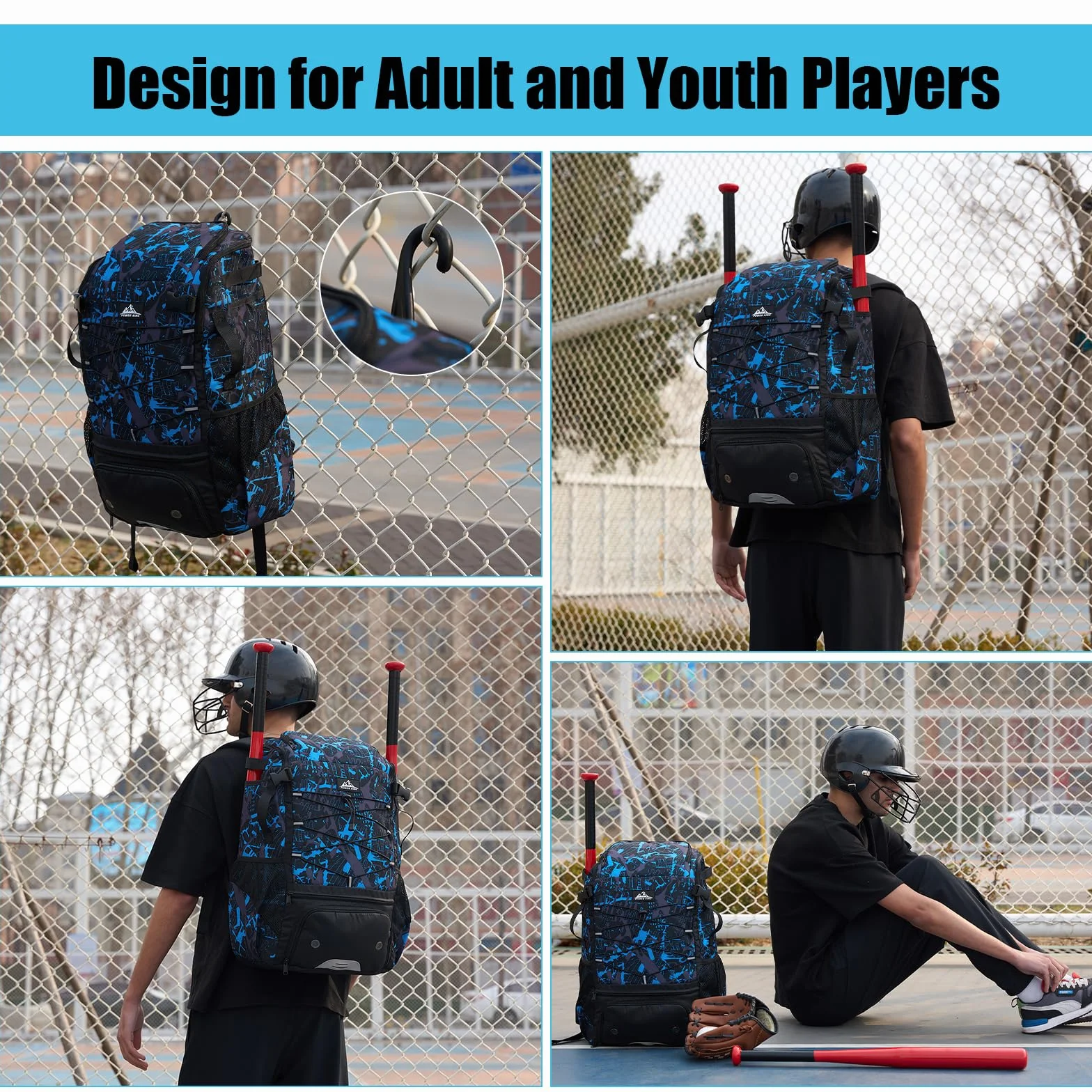 Power King 45L Youth Baseball Bat Bag Large Capacity Backpack with Shoe Compartment Fence Hook Helmet Holder