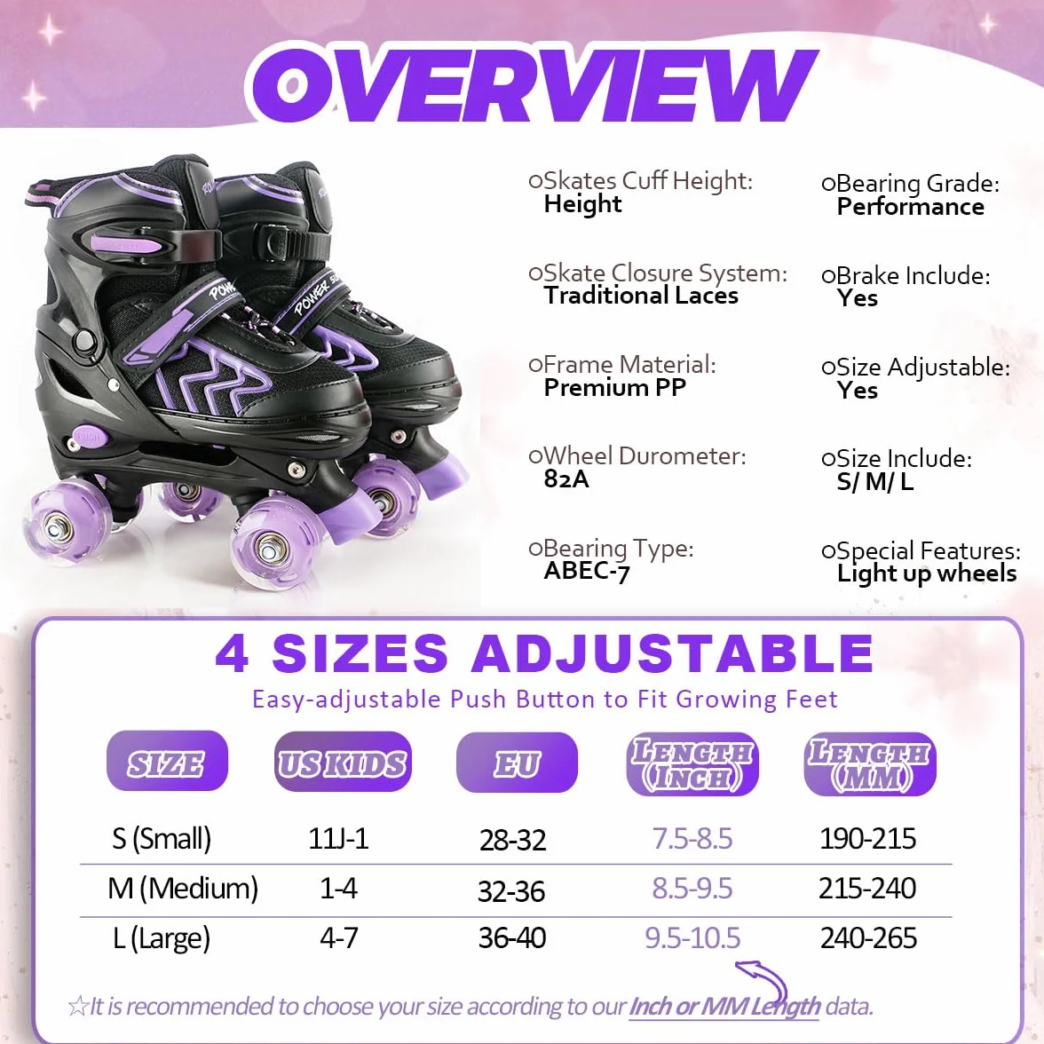 Patins à roulettes réglables pour Enfants avec Roues Lumineux Rollers Quad Filles Garçon