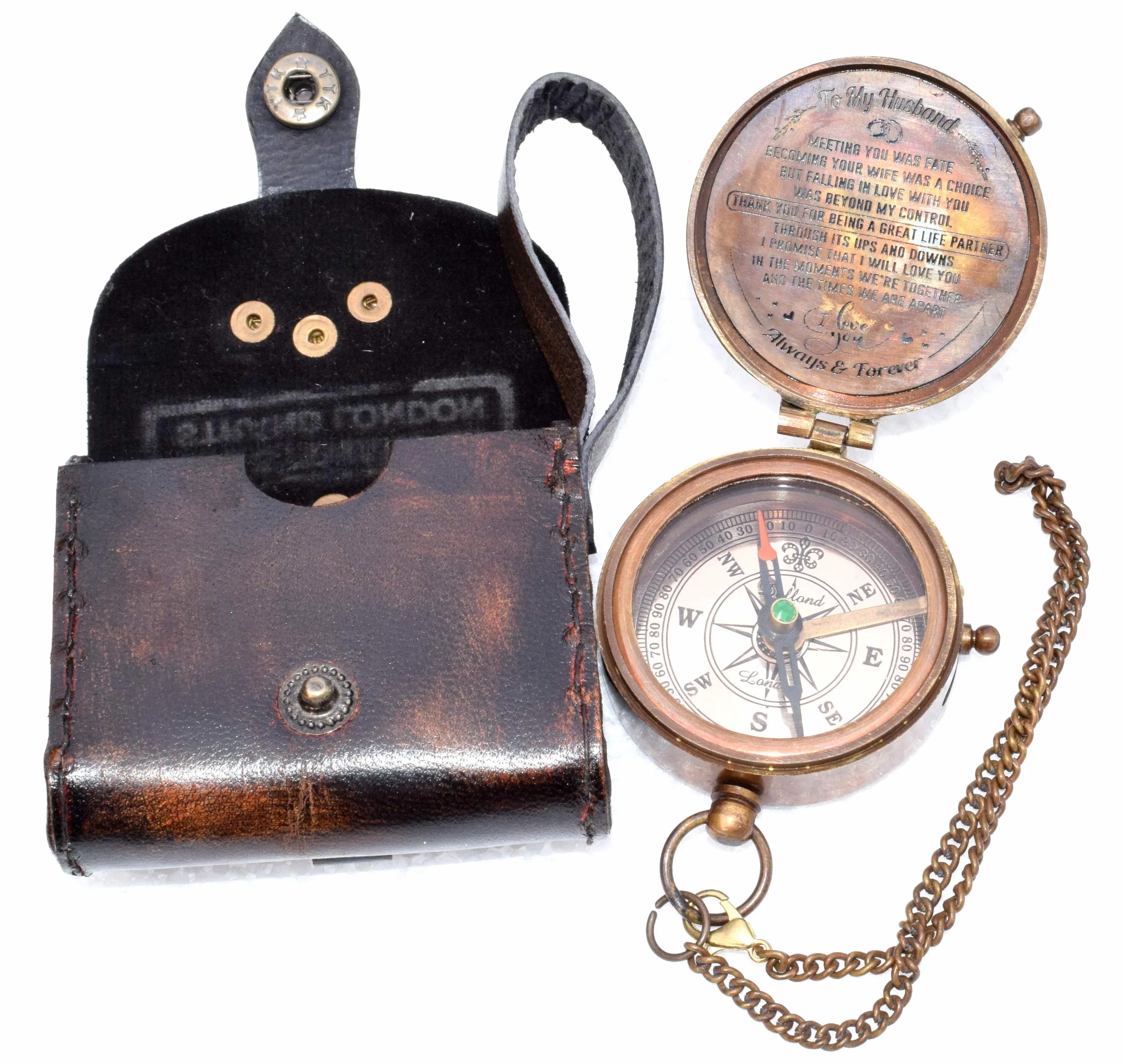 Boussole magnétique directionnelle vintage antique avec citation célèbre des Écritures gravées Cadeau de baptême étui en cuir ou bois