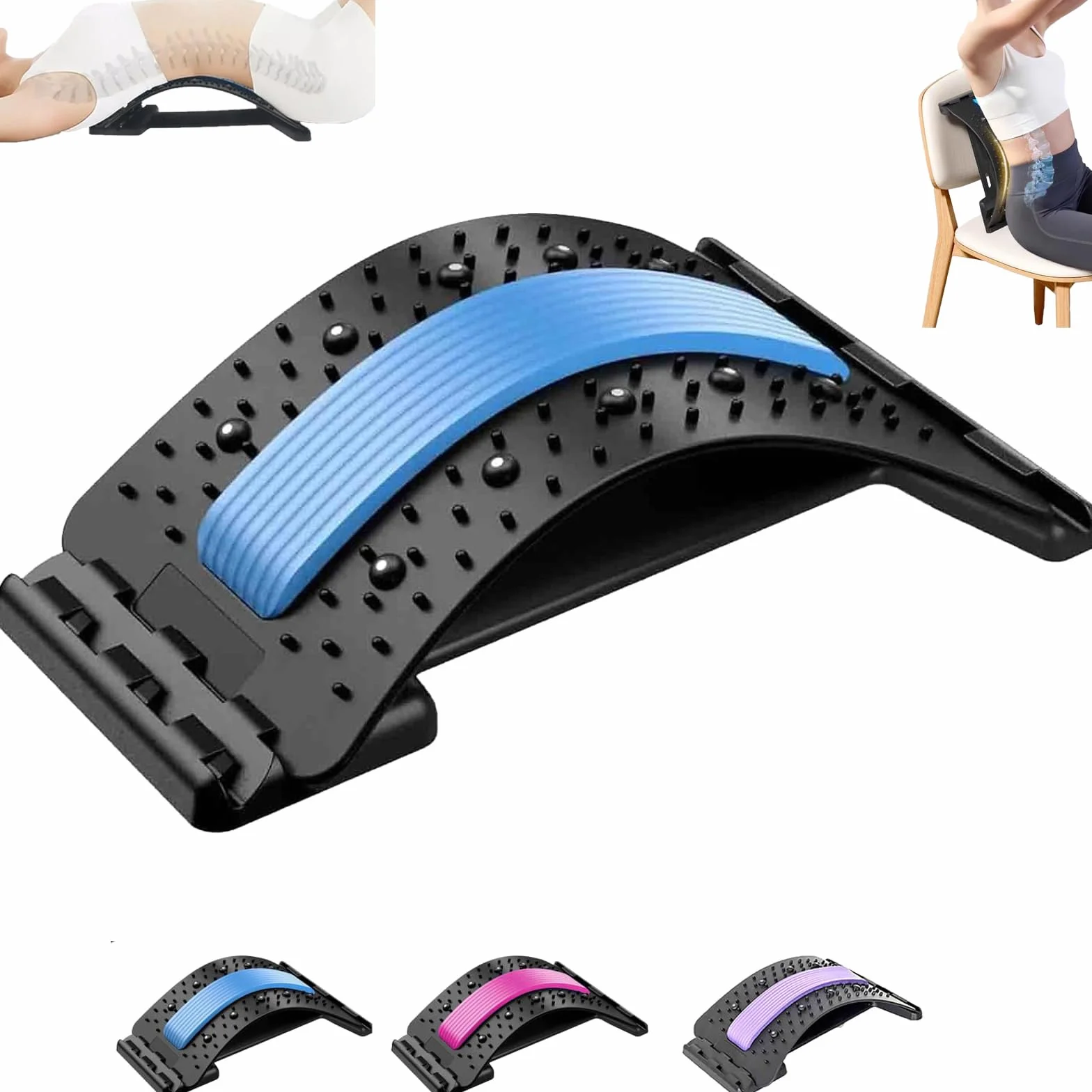 Planche de Soutien Lombaire Ajustable 4 Niveaux, Étireur Lombaire pour Posture Améliorée, Support Ergonomique Bleu