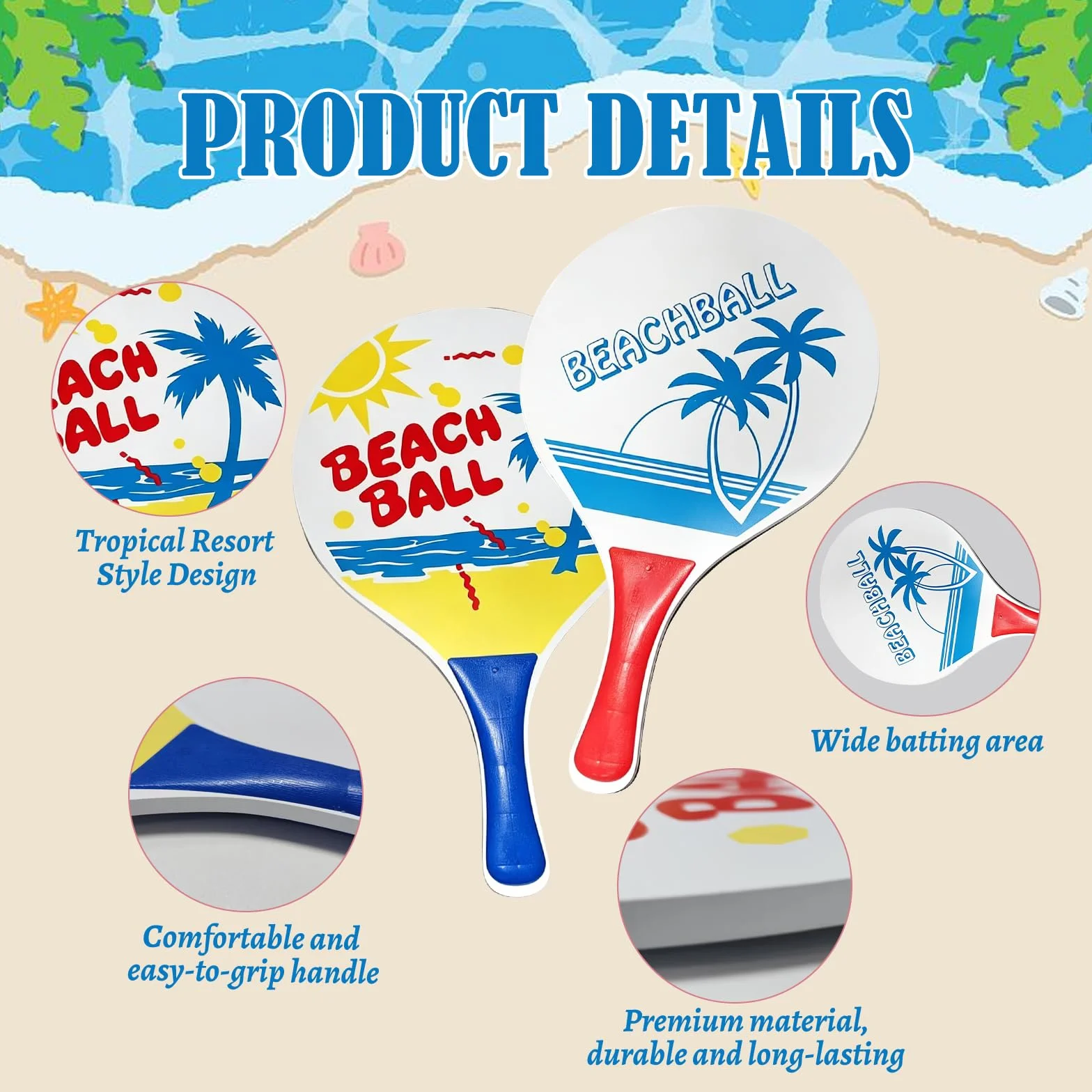 Set de Beachball Raquettes de Plage en Bois 2 Raquettes 2 Peak Ball 2 Volants