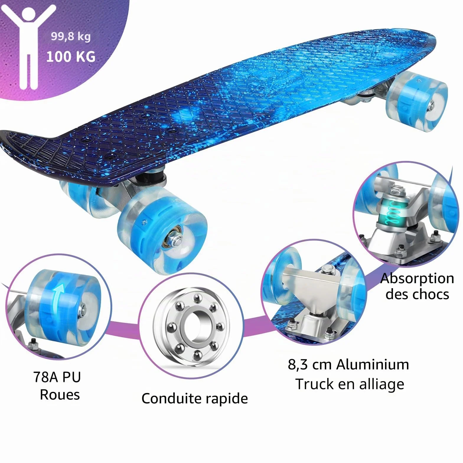 BELEEV Mini Cruiser Skateboard Complet 56cm Roues Lumineuses LED Enfants Adolescents Adultes