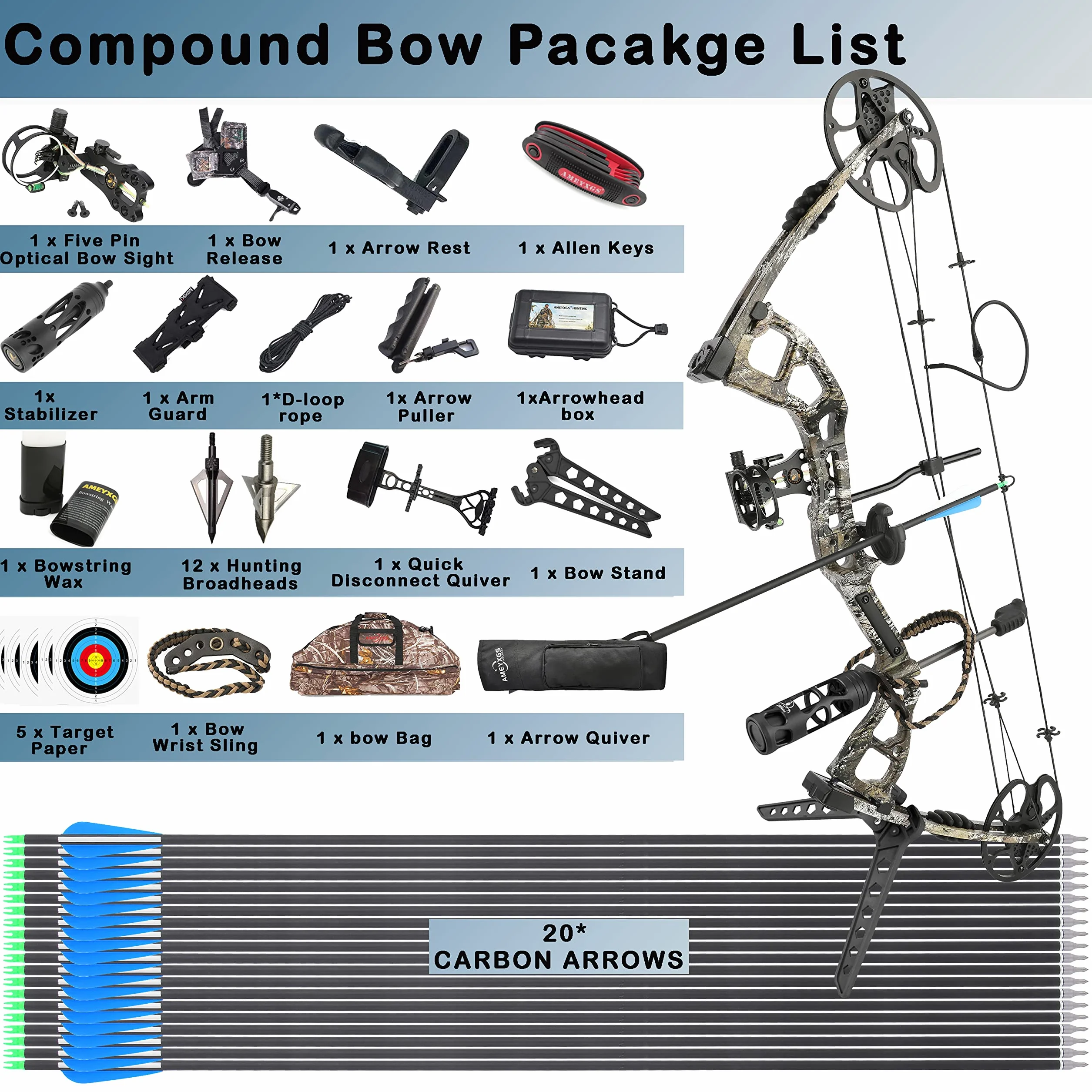 Kit Arc à poulies Chasse Branche USA Poids réglable 0-40 LB IBO 325FPS Camo