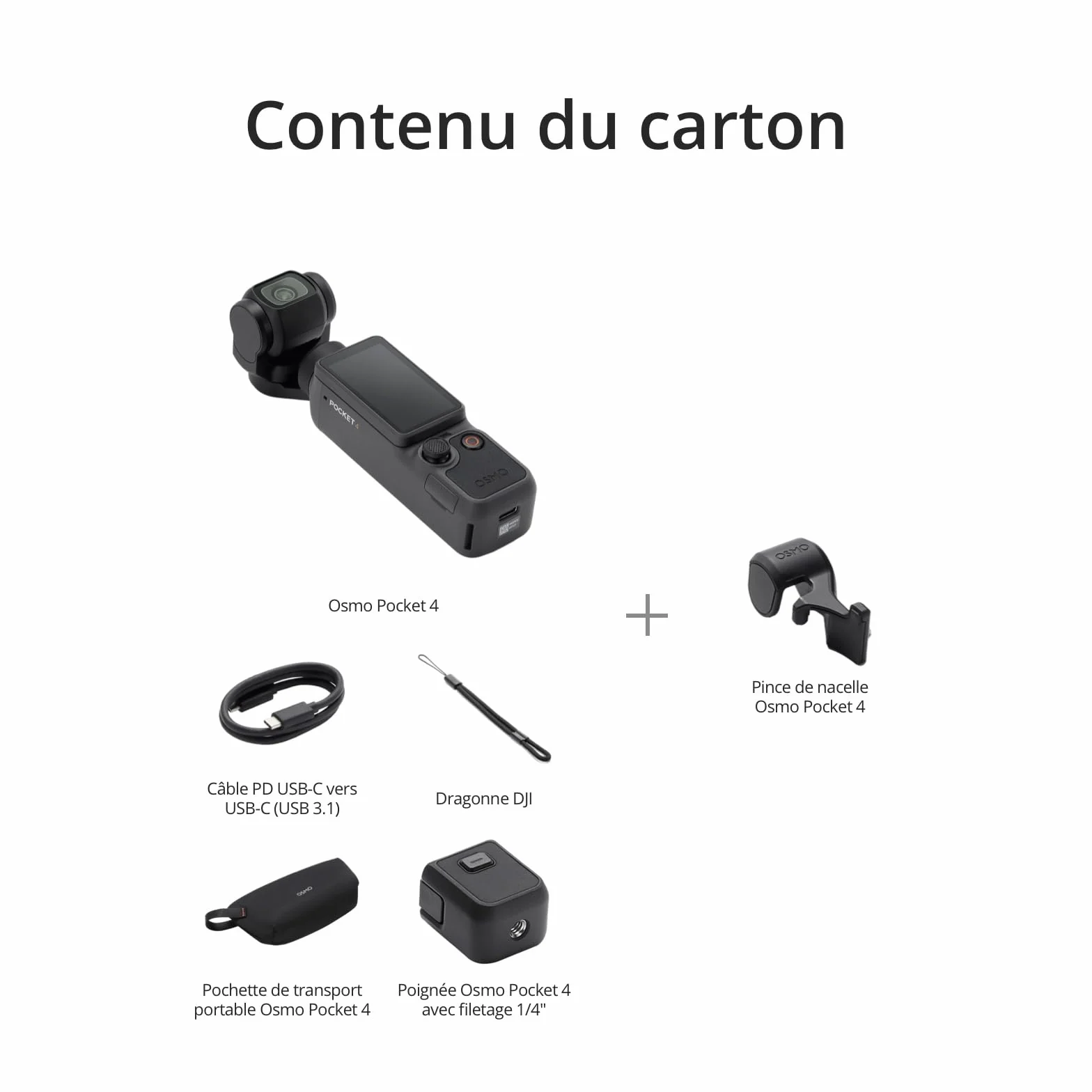 Bundle DJI Osmo Pocket 4, caméra vlog de poche avec nacelle, capteur CMOS 1 pouce, 4K/240 IPS, stabilisation 3 axes, stockage 107 Go