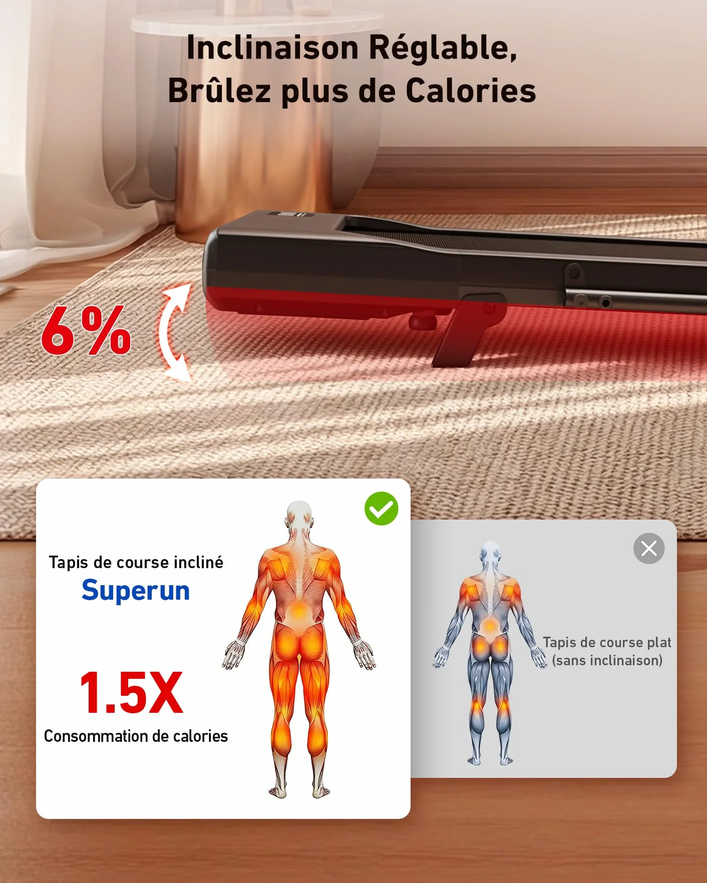 Tapis de Course Inclinable 2.5HP 1-12km/h APP Contrôle Max 136KG Walking Pad Portable