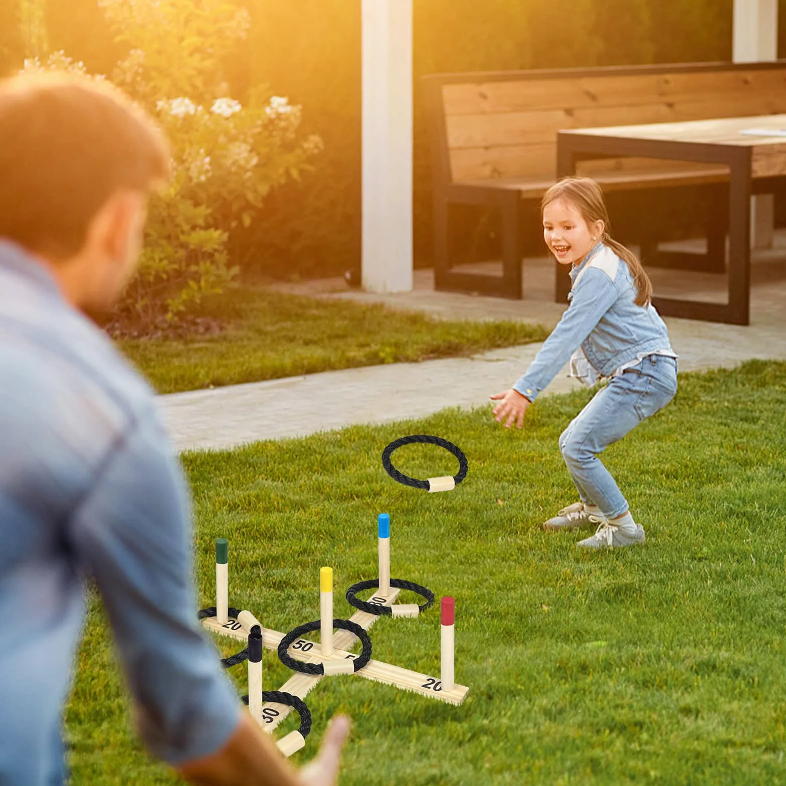 Jeu de lancer d'anneaux en bois avec 5 anneaux en nylon et 5 barres colorées
