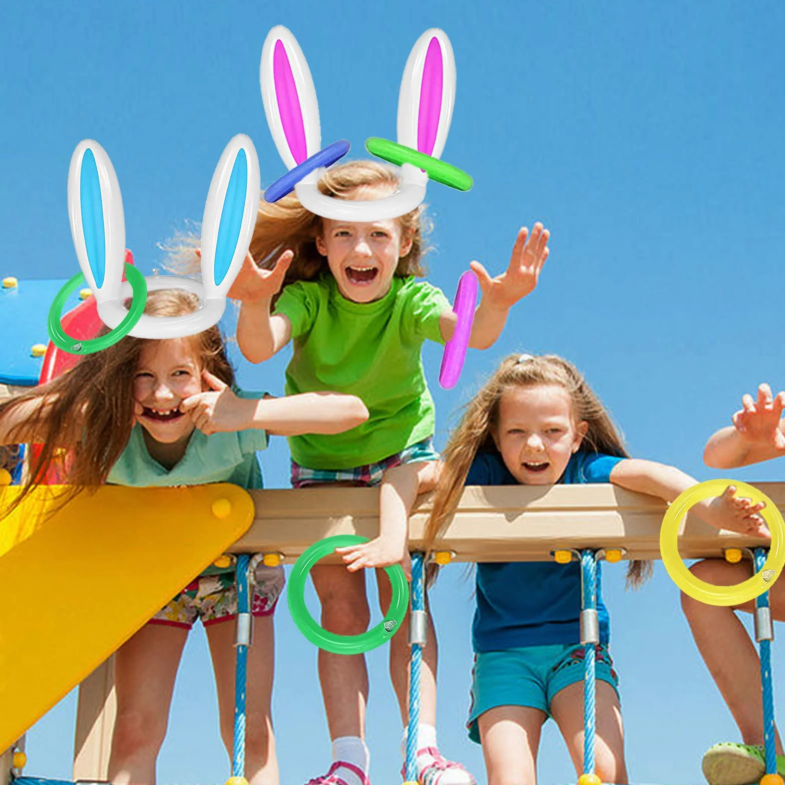 Lot de 2 Jeux de Lancer d'Anneaux Gonflables Oreilles de Lapin 8 Anneaux 1 Pompe Fête Enfants Famille