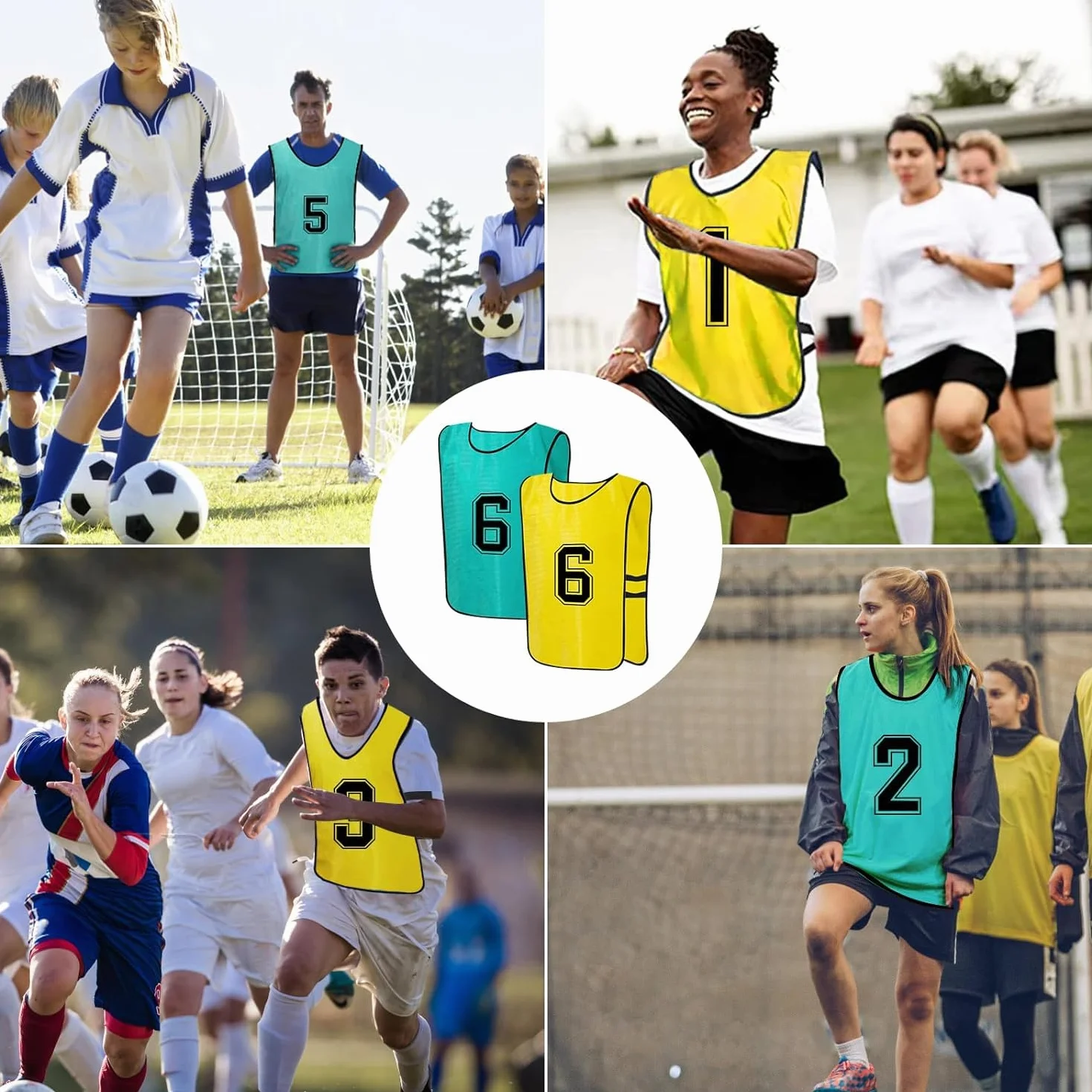 Lot de 24 gilets d'entraînement de football pour jeunes adultes, Jaune, Vert, 47x70cm