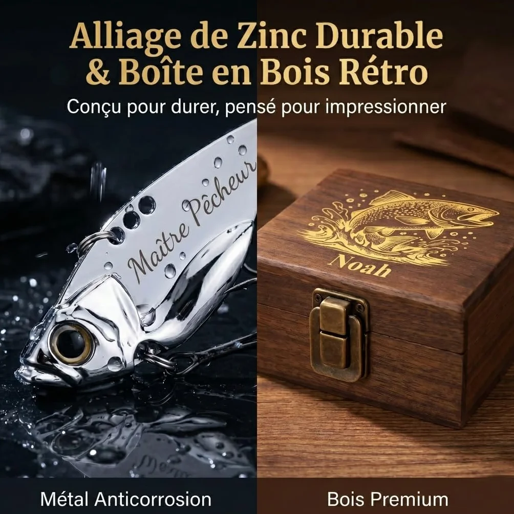Cadeau Fête des Pères Leurre Pêche Personnalisé avec Texte Gravé Boîte en Bois Accessoires de Pêche pour Homme