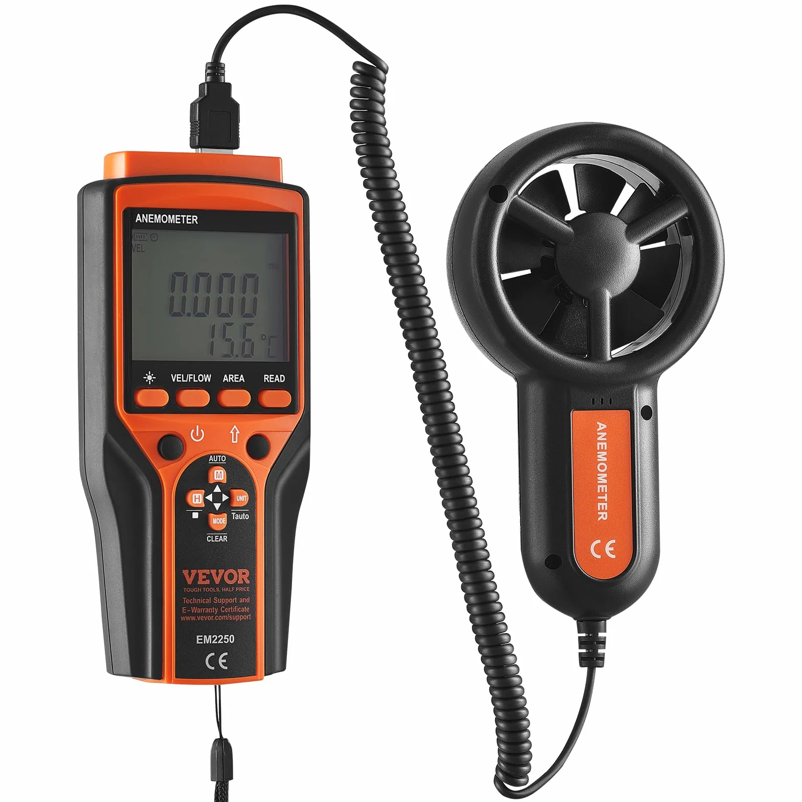VEVOR Anémomètre Portable -10℃ à 60℃ Numérique Vitesse du Vent CFM Mesure Température Flux d'Air Refroidissement Éolien Écran Rétroéclairé LED