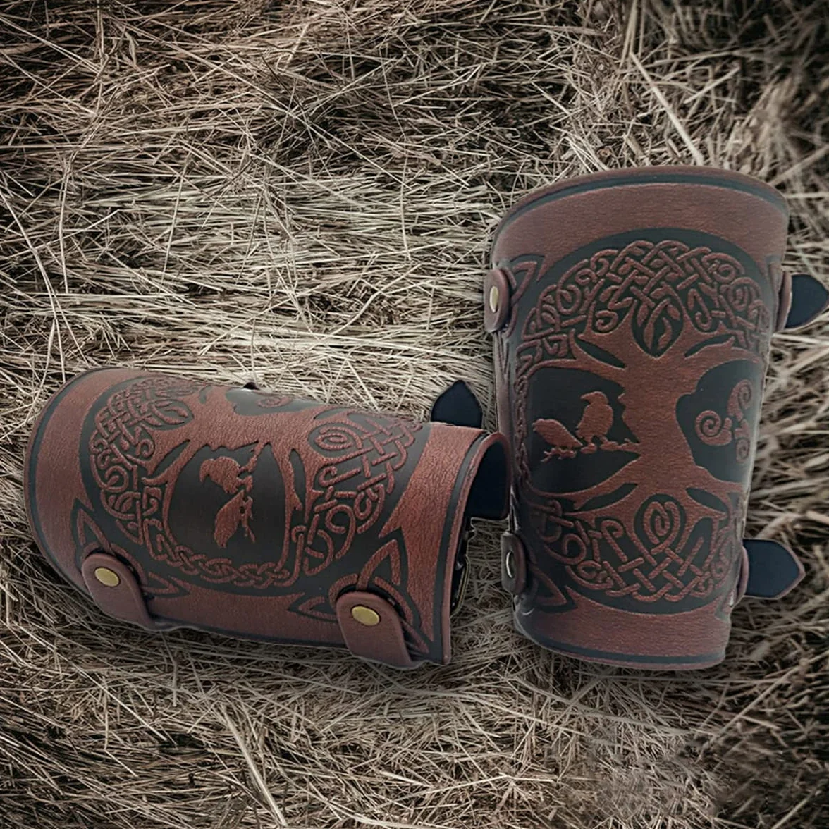 Brassards Viking en Cuir PU Gaufré Arbre du Monde, Garde-Poignet Médiéval Fait à la Main