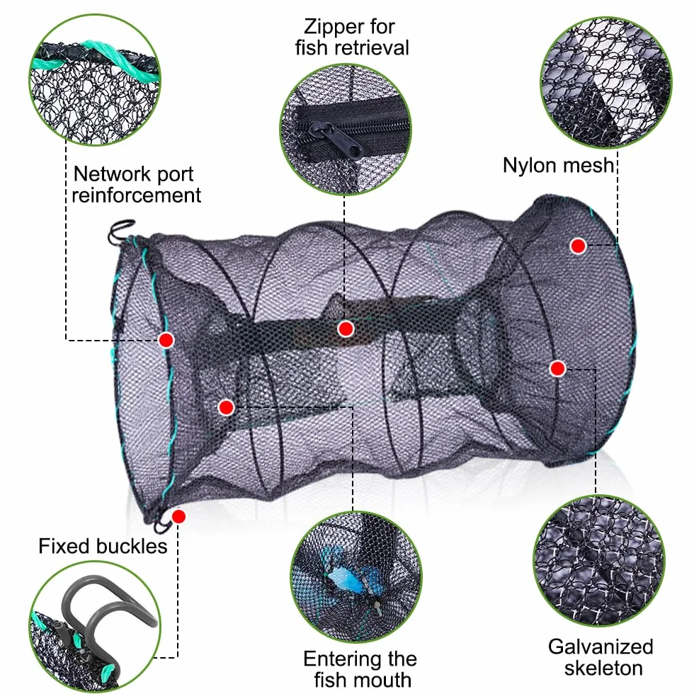 Piège à Poisson Pliable 3 PCS Nasse à Écrevisses en Nylon 30x60cm avec Fermeture éclair Portable Casier à Crabes