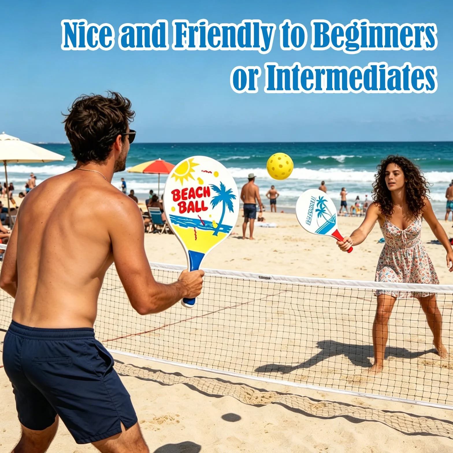 Set de Beachball Raquettes de Plage en Bois 2 Raquettes 2 Peak Ball 2 Volants