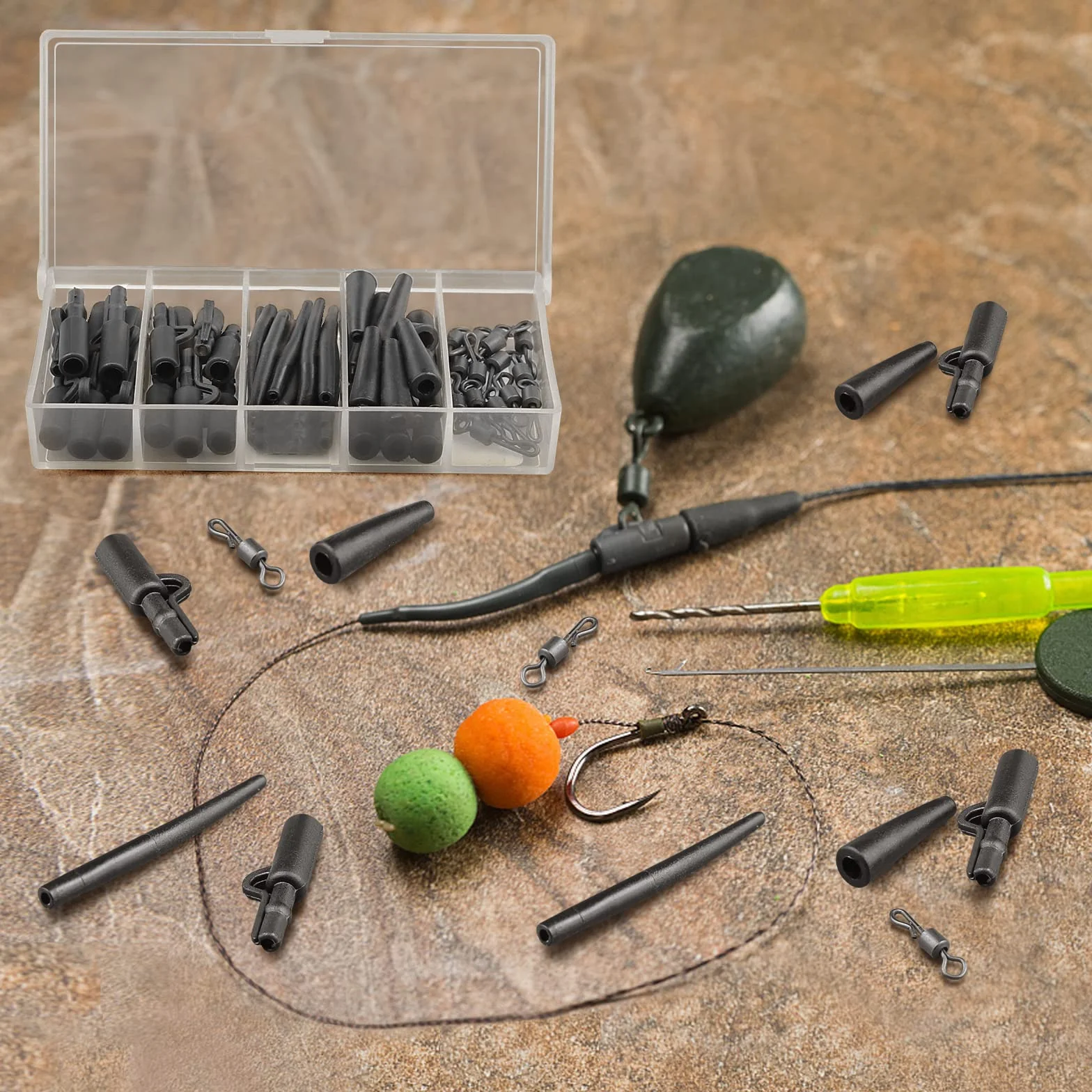Realure 60 Pcs Clip Plomb Carpe, Anti-enchevêtrement avec Manchons Caoutchouc et émerillons Rapide (Noir)