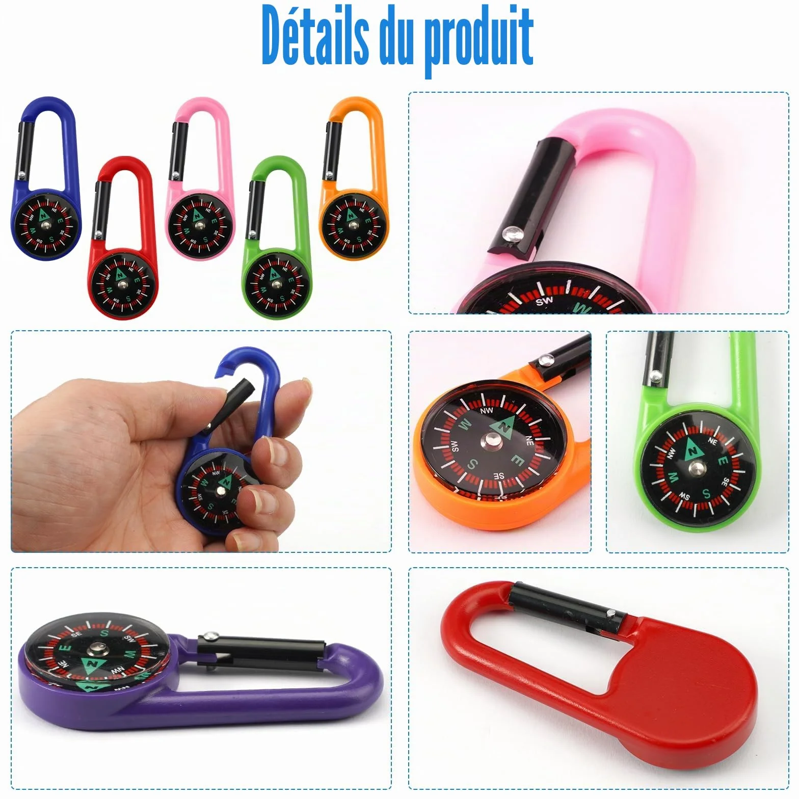 Boussole de Camping Colorée, Boussole Randonnée, Boussole Enfant, Multicolore, Mousqueton Multifonction avec Boussole, Mini Boussole Extérieur